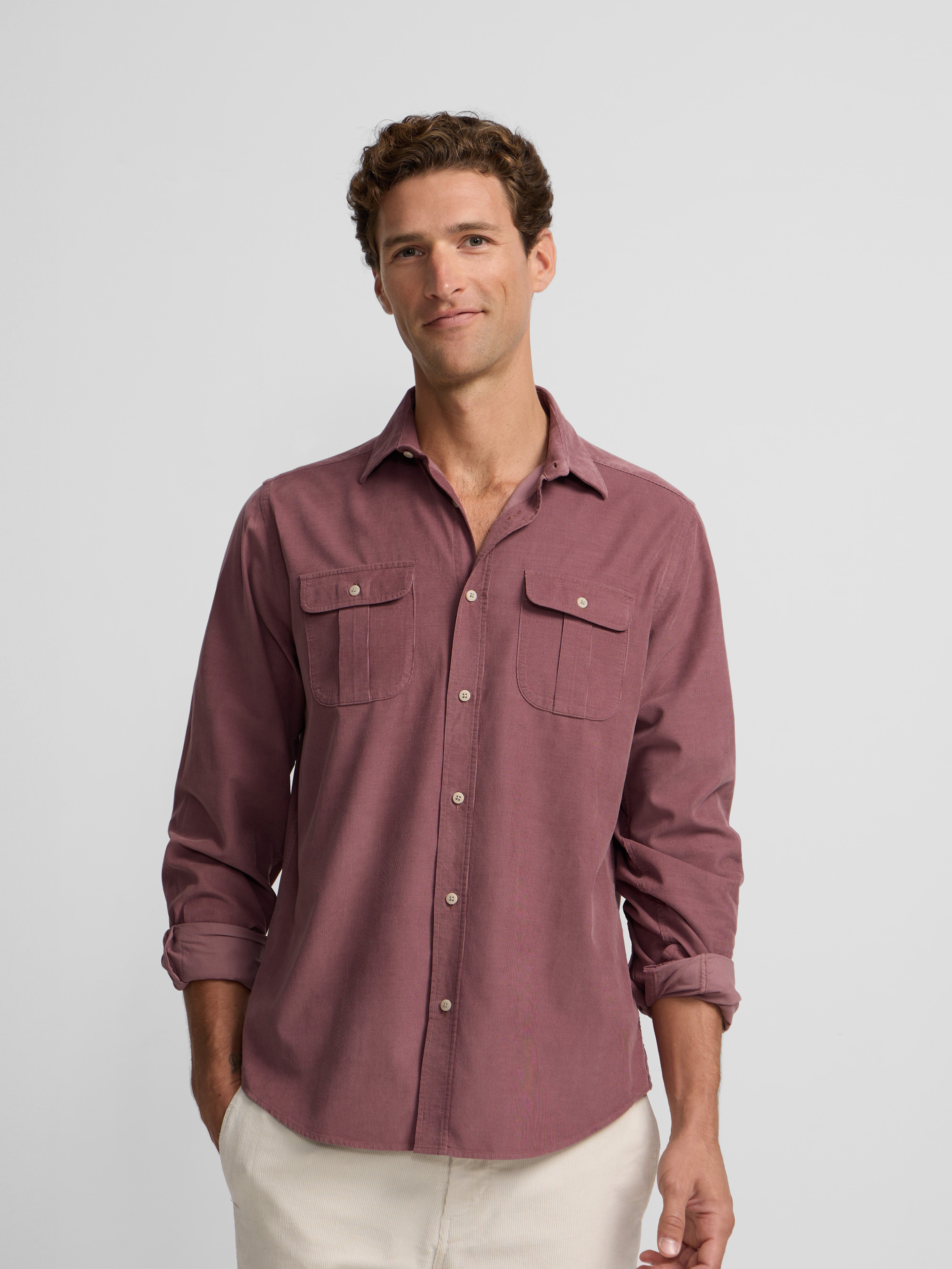 Corduroy sport shirt with burgundy pockets