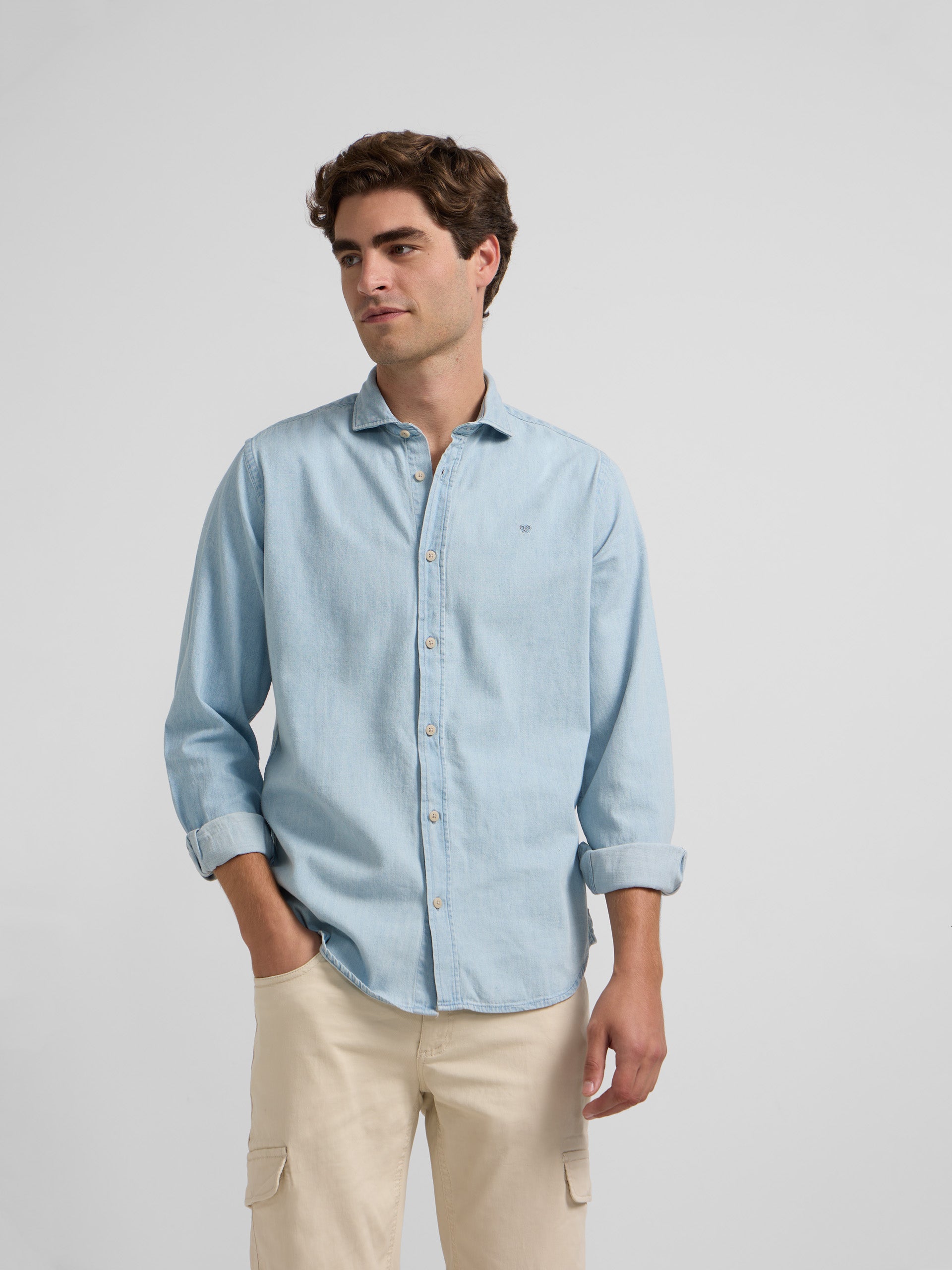 Camisa sport denim cutaway light blue