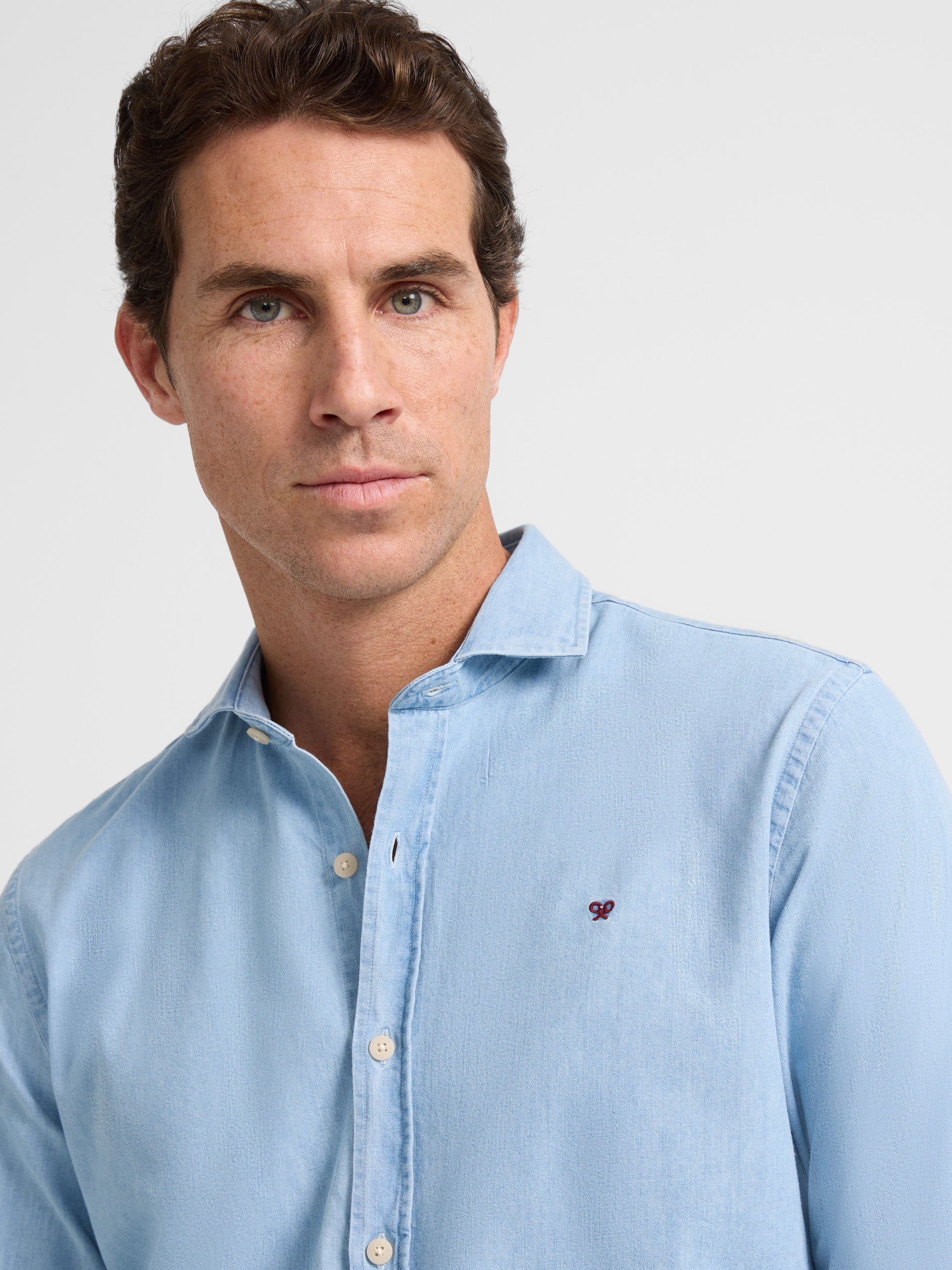 Light blue cutaway warm jeans sport shirt