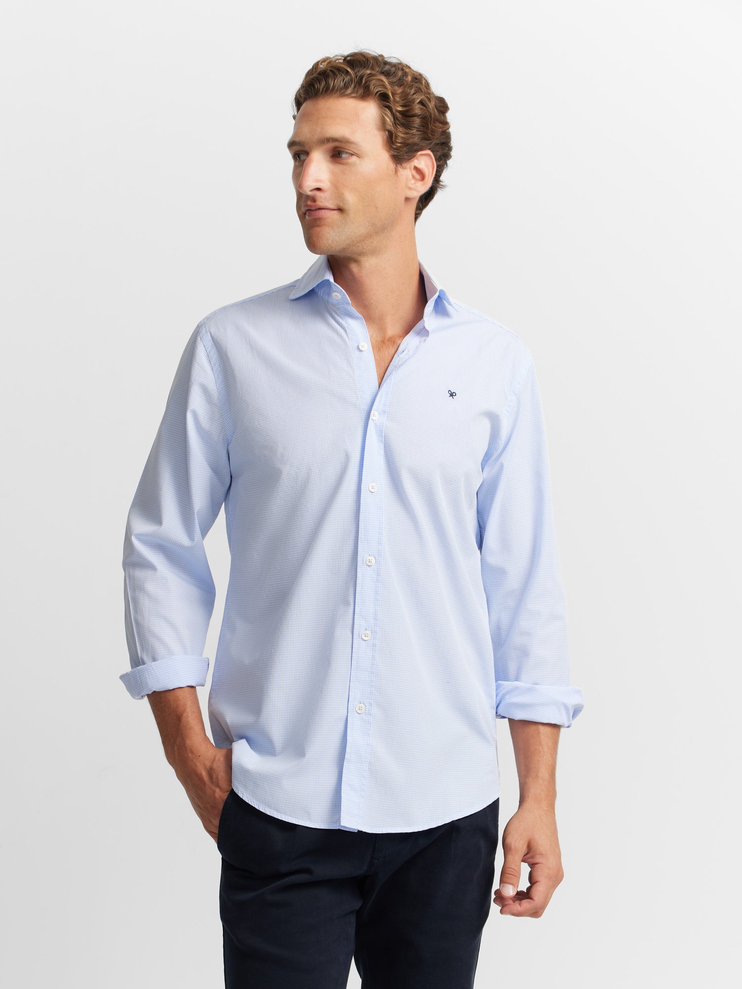 Light blue checked cutaway sport shirt