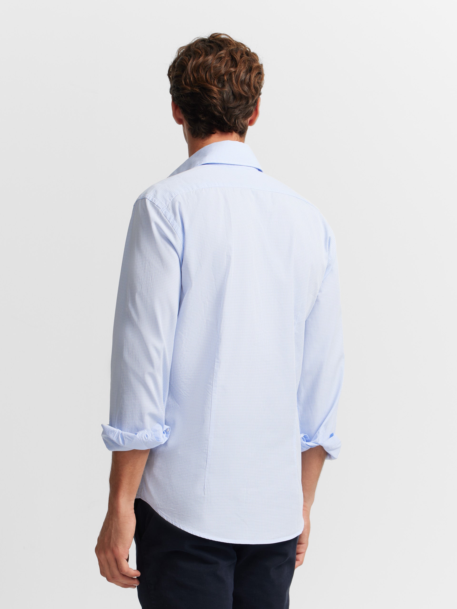 Light blue checked cutaway sport shirt