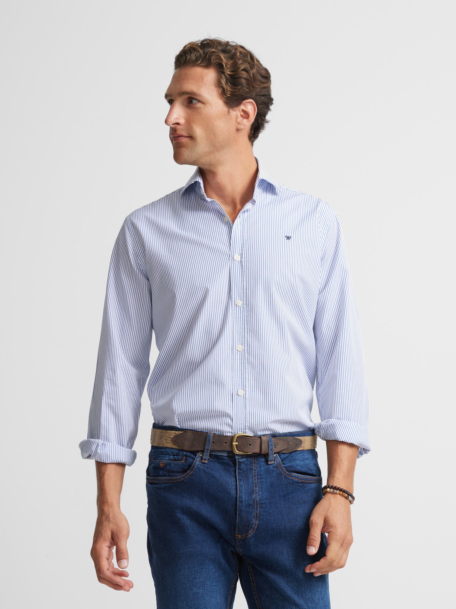 Navy blue striped cutaway sport shirt