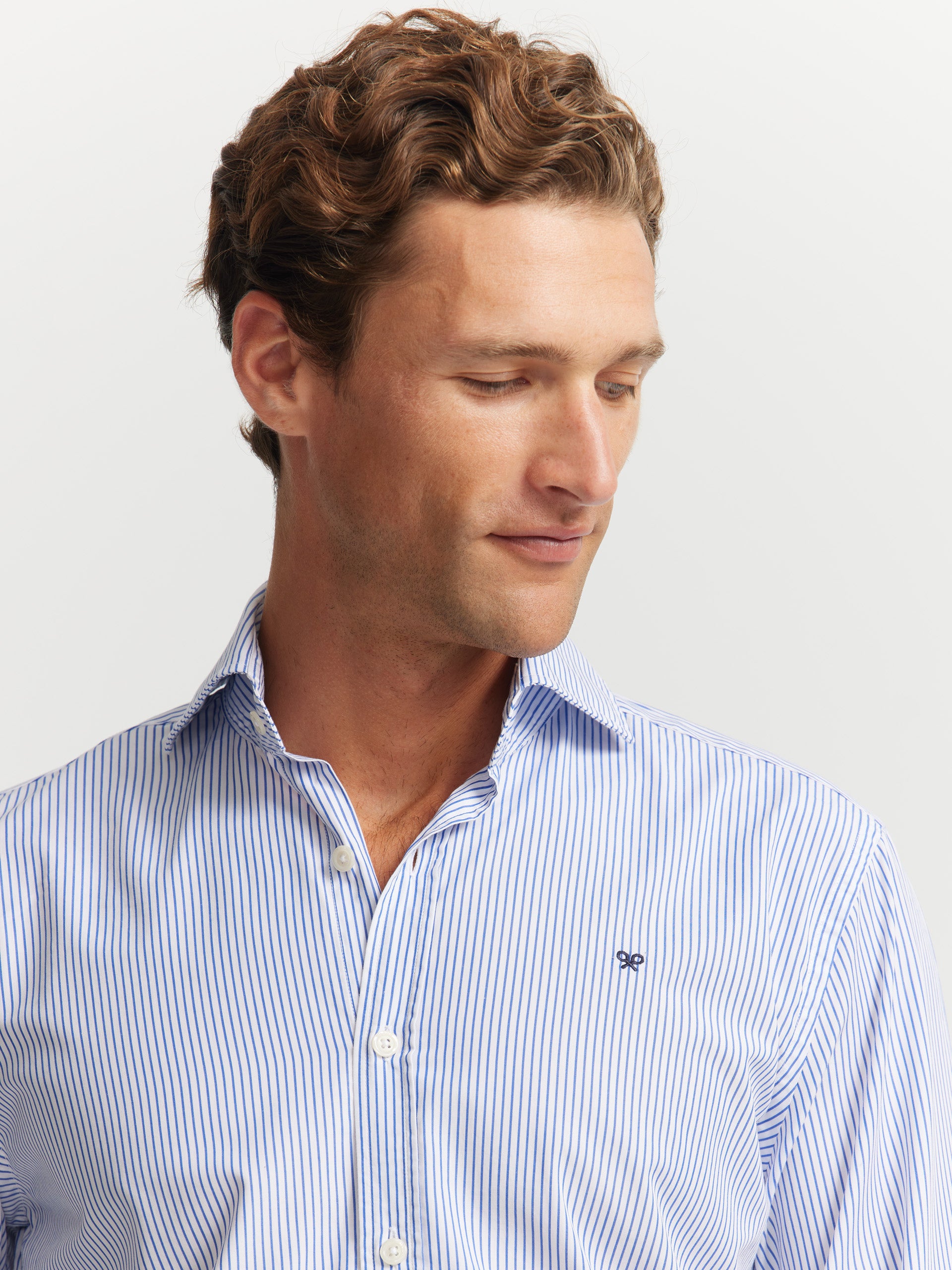 Navy blue striped cutaway sport shirt