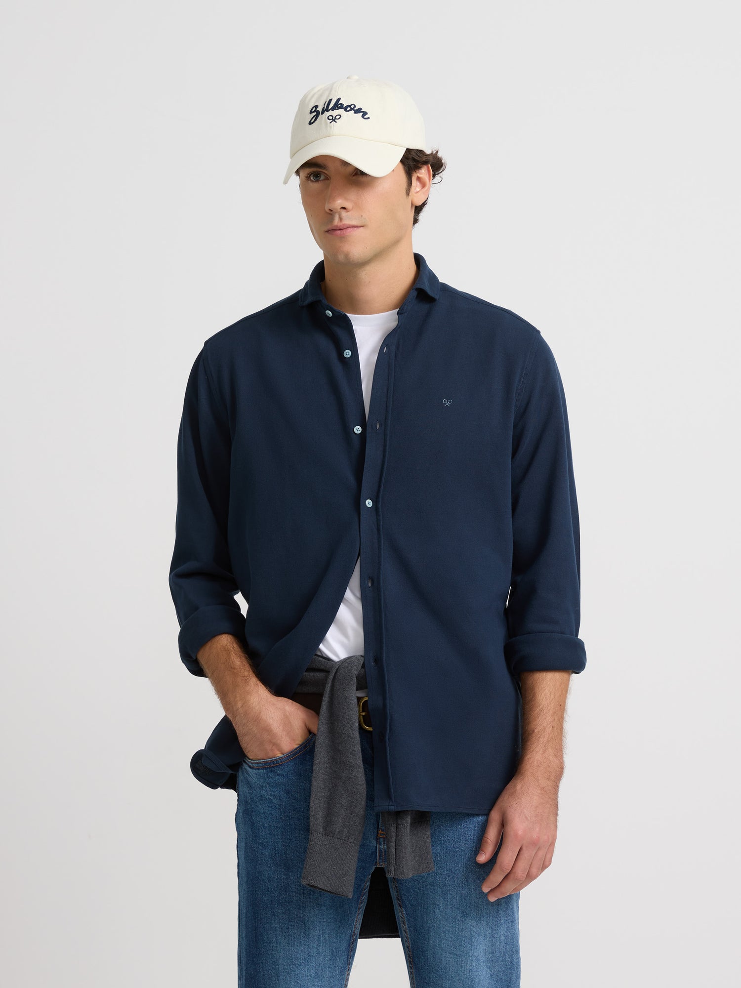 Plain navy blue knit sport shirt