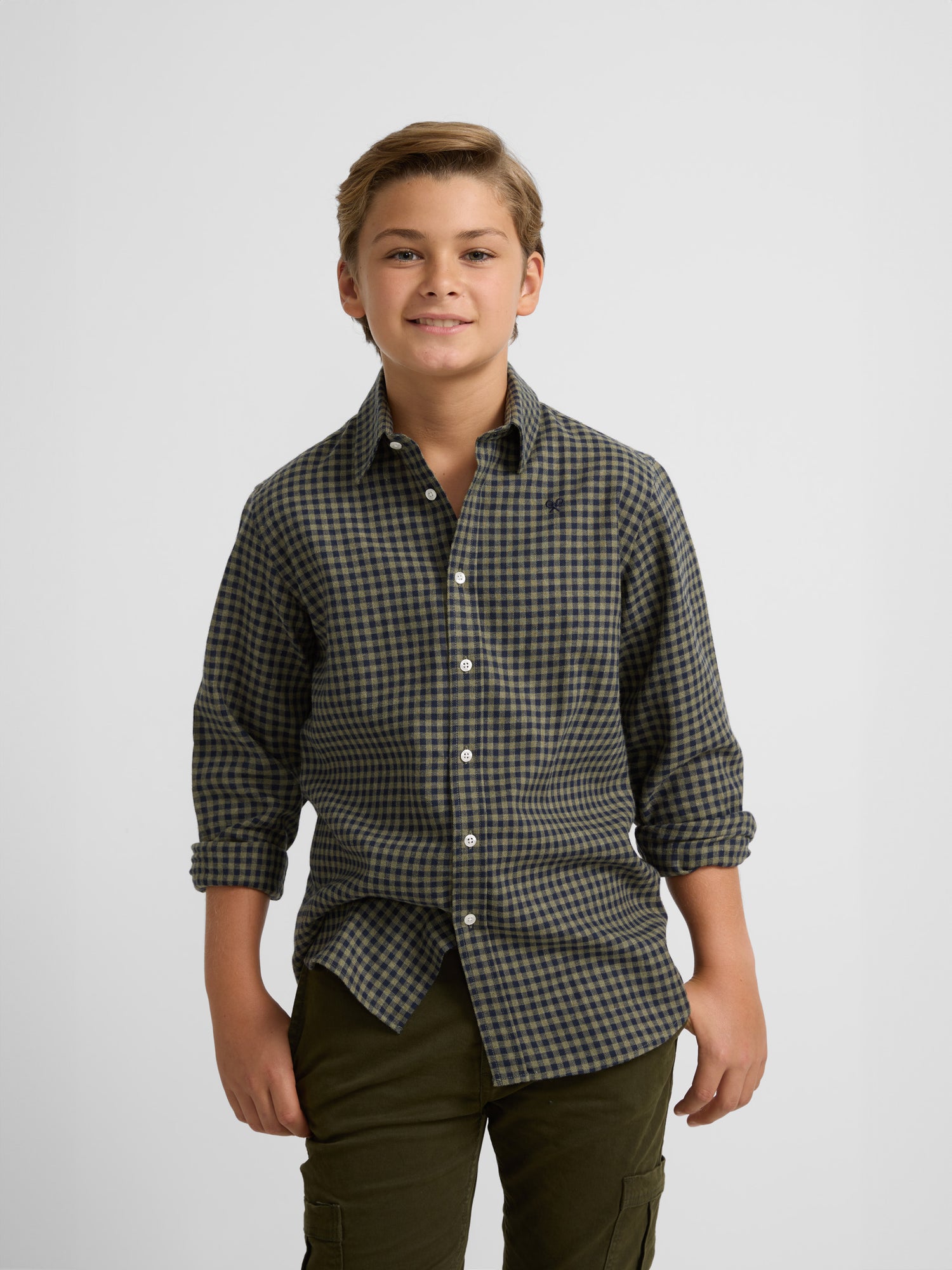 Kids warm sport shirt with green gingham check