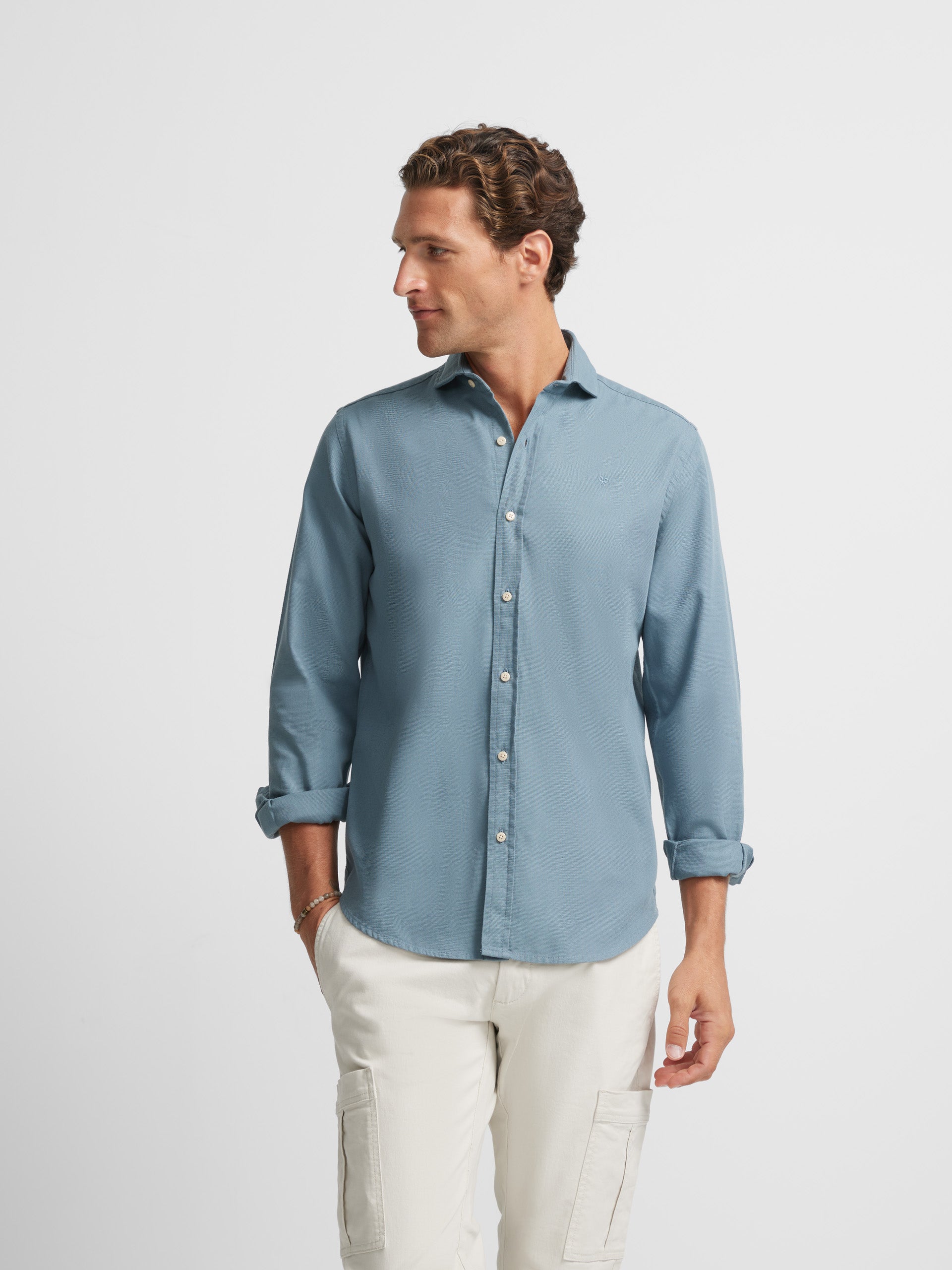 Plain sport shirt in green-grey micropique