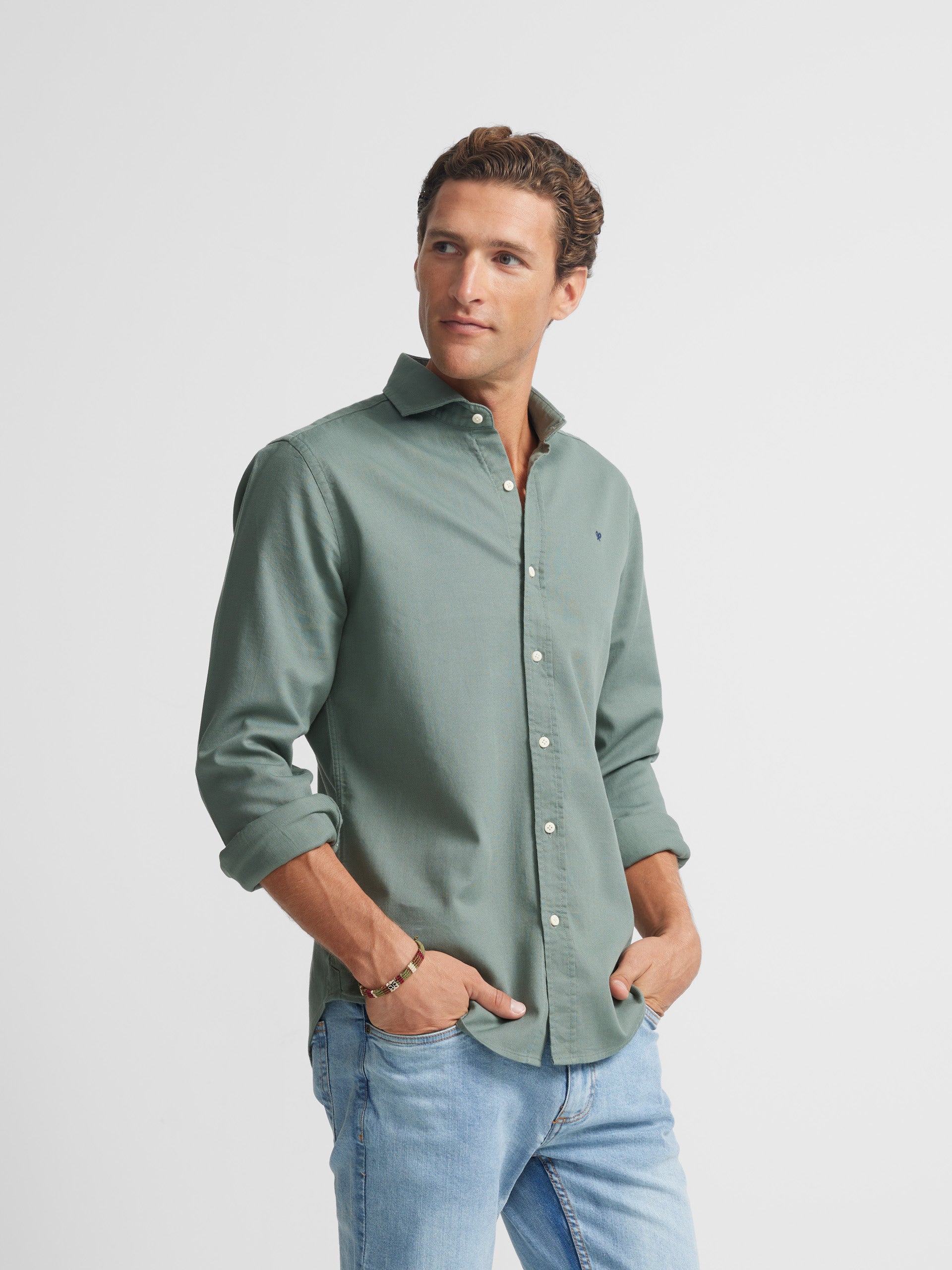 Medium green structured plain sport shirt