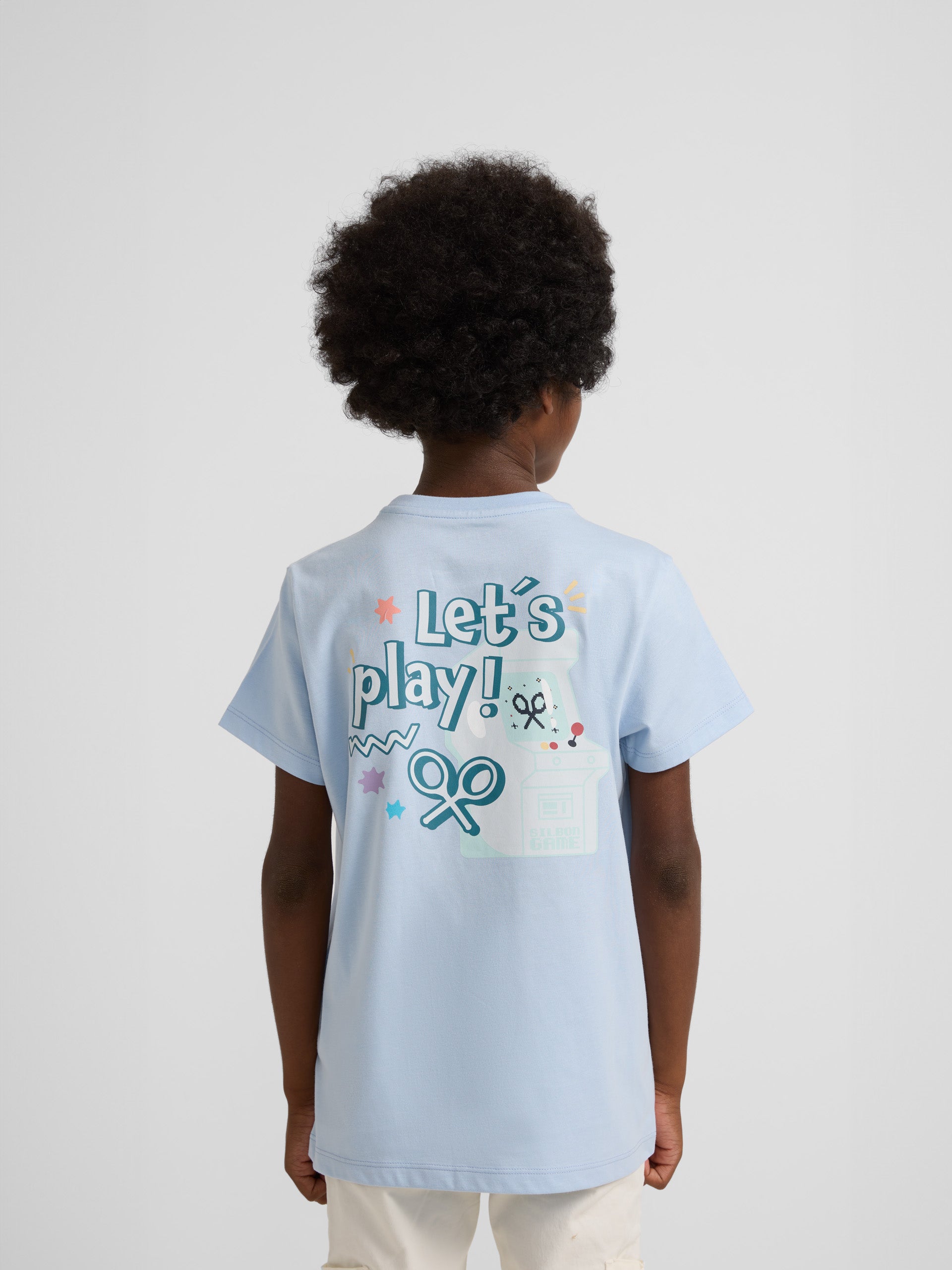 T-shirt bleu clair "Jouons" pour enfants