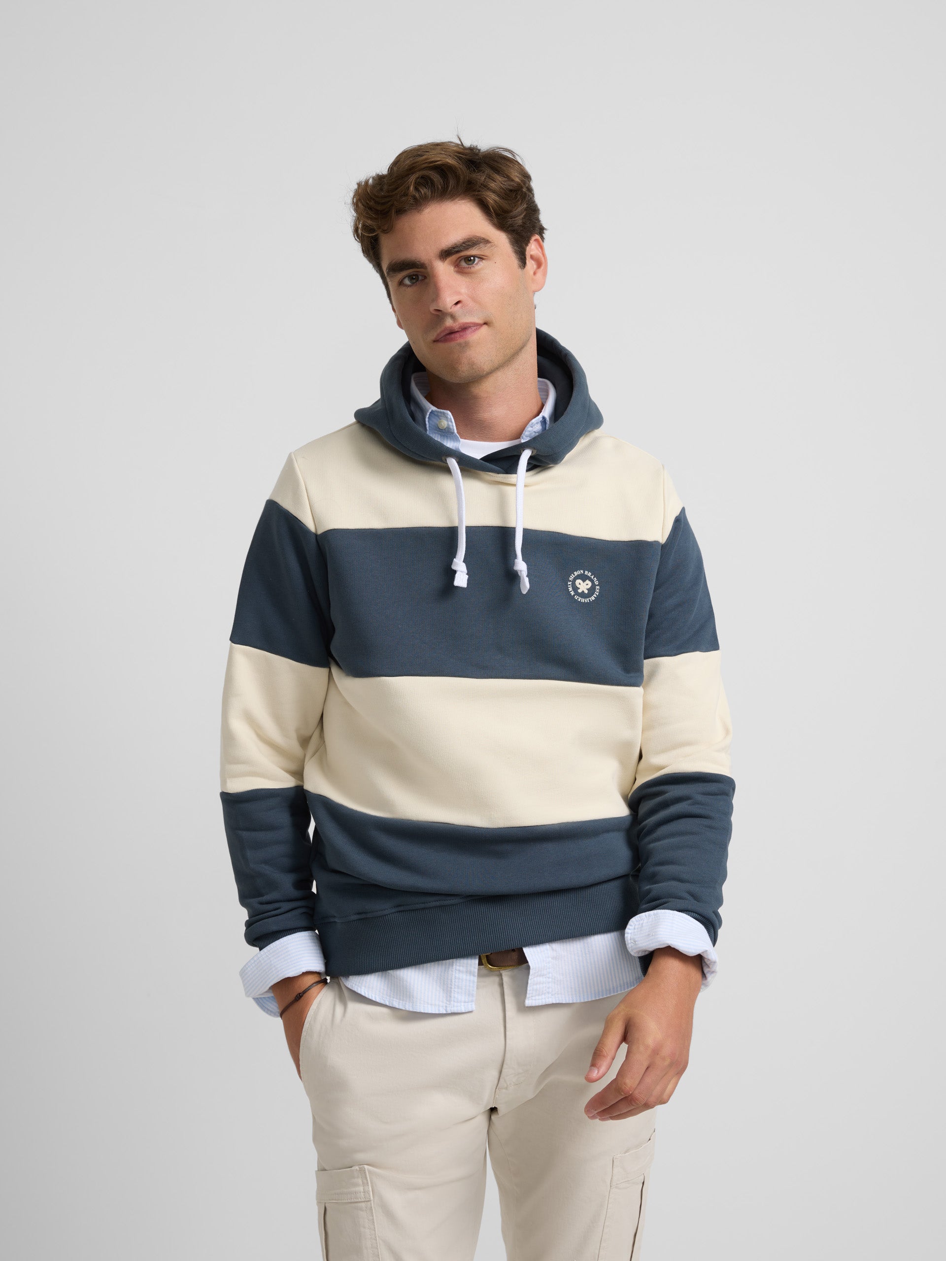 Navy blue wide stripe hooded sweatshirt