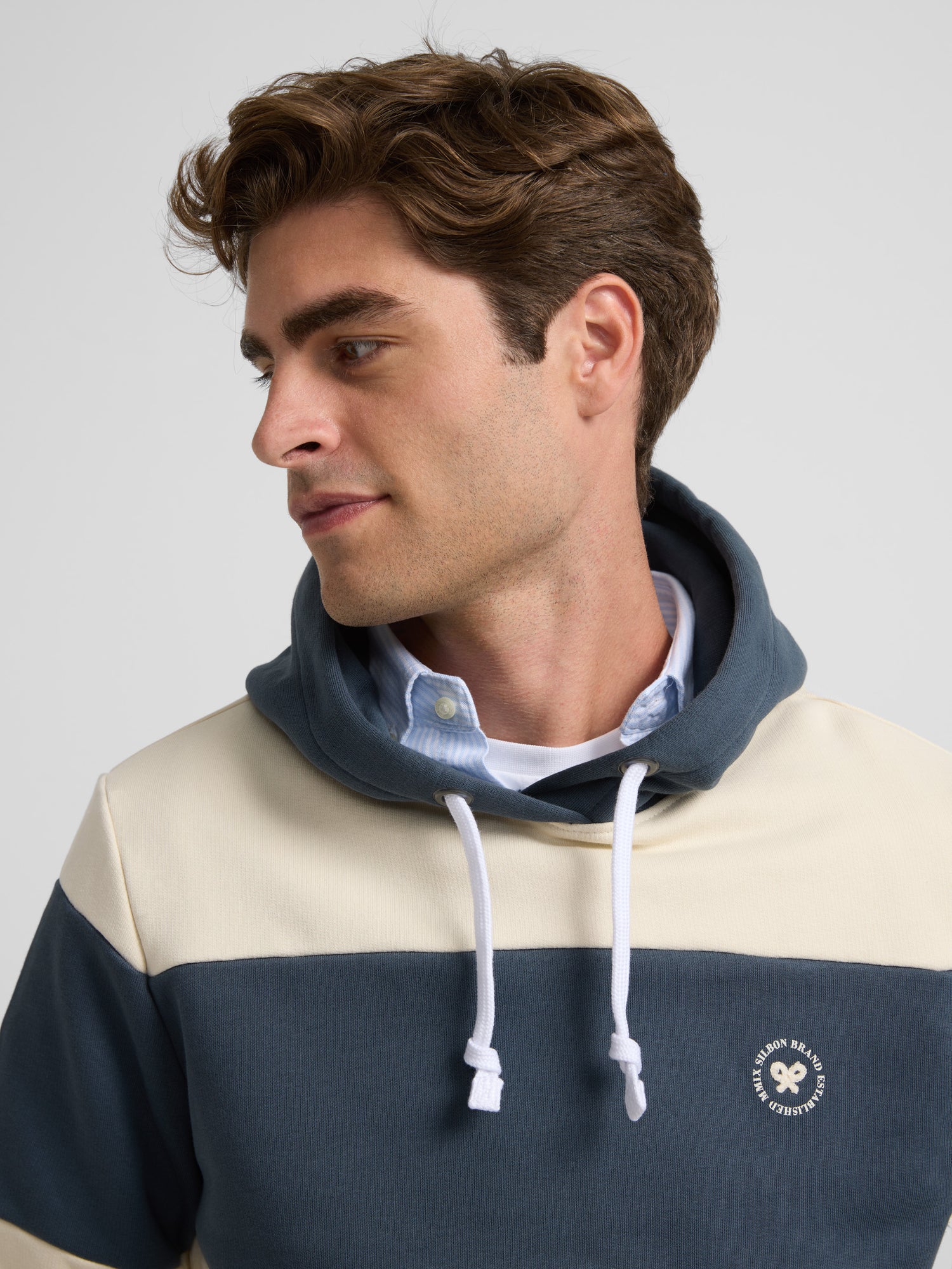 Navy blue wide stripe hooded sweatshirt