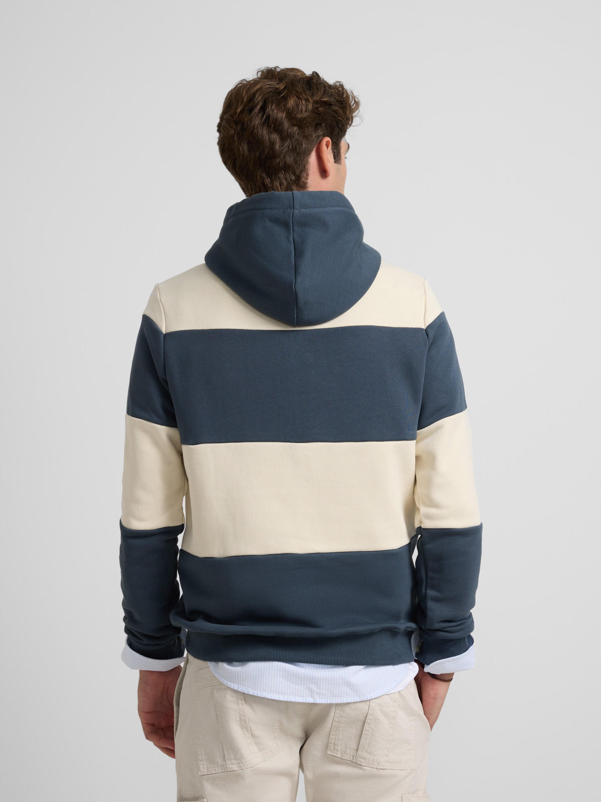 Navy blue wide stripe hooded sweatshirt