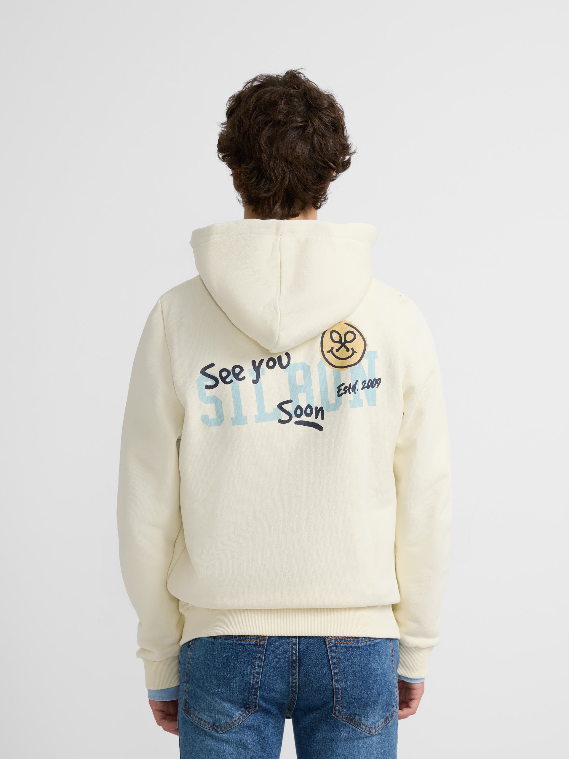 Sweat-shirt zippé à capuche avec sourire crème