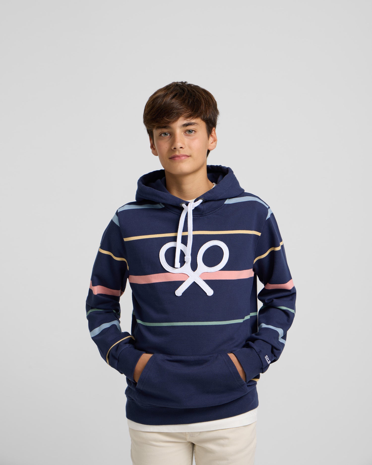 Kids hooded sweatshirt with navy blue stripes