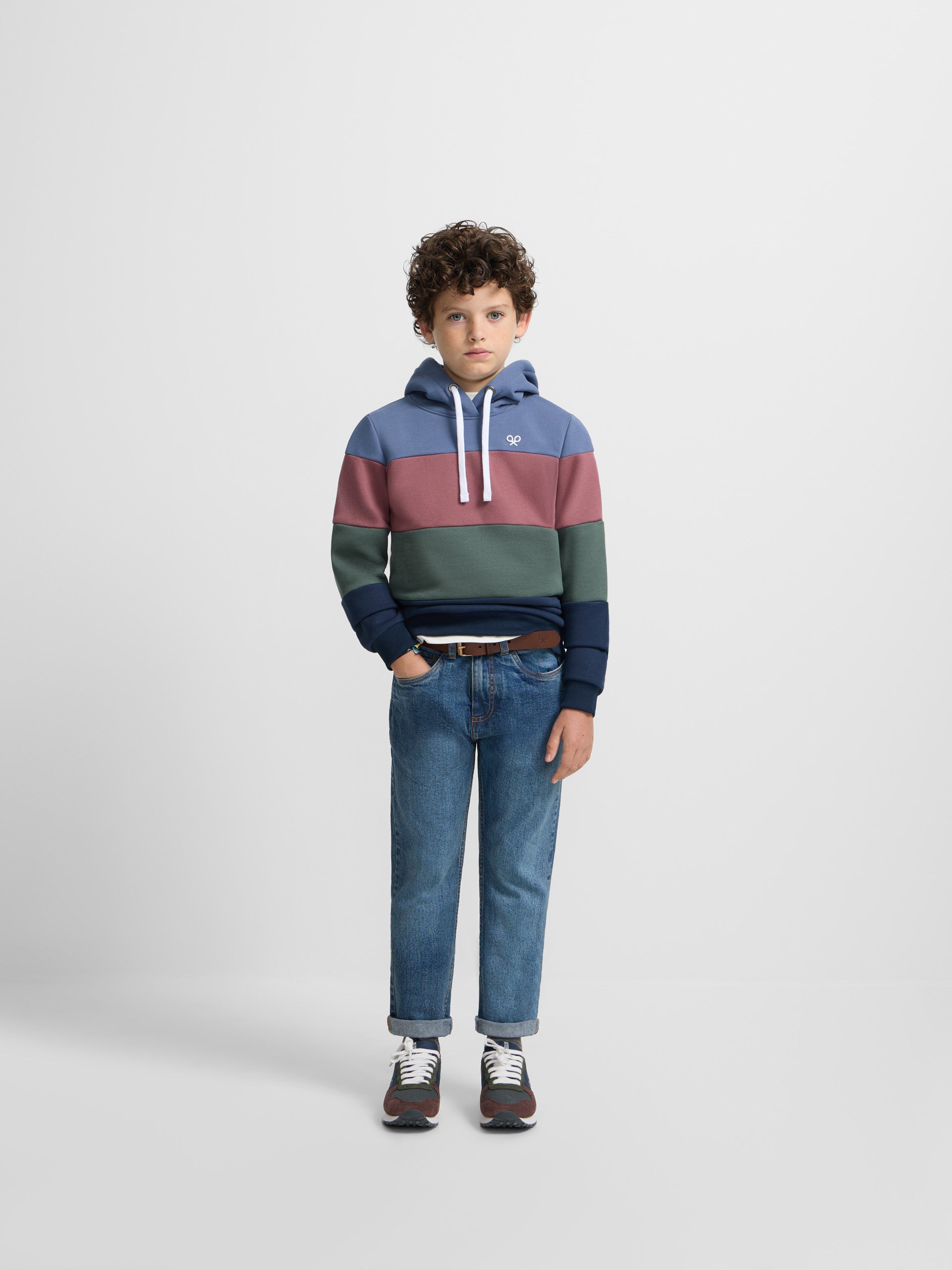 Kids hooded sweatshirt with wide multicolored burgundy stripes