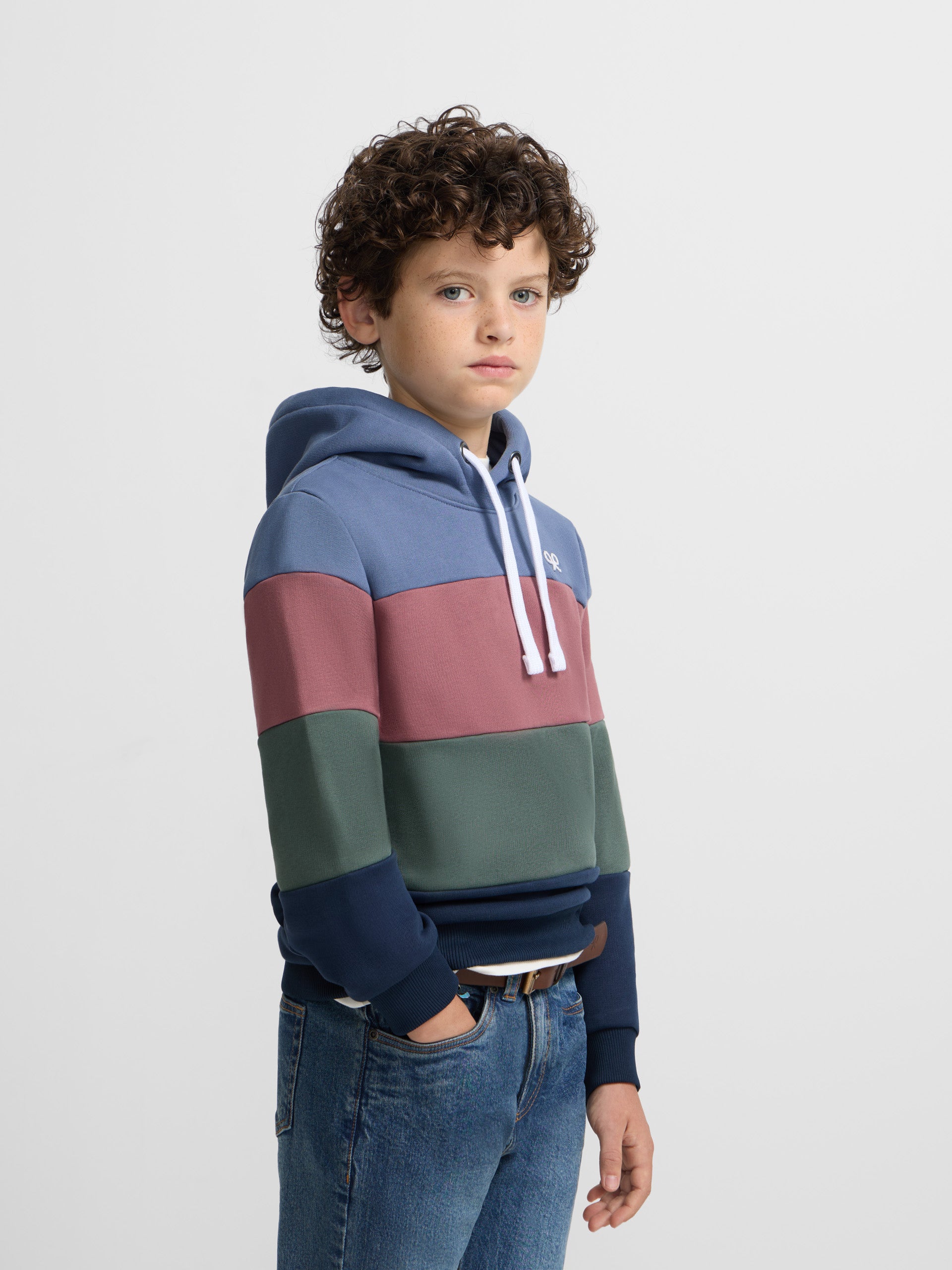 Kids hooded sweatshirt with wide multicolored burgundy stripes