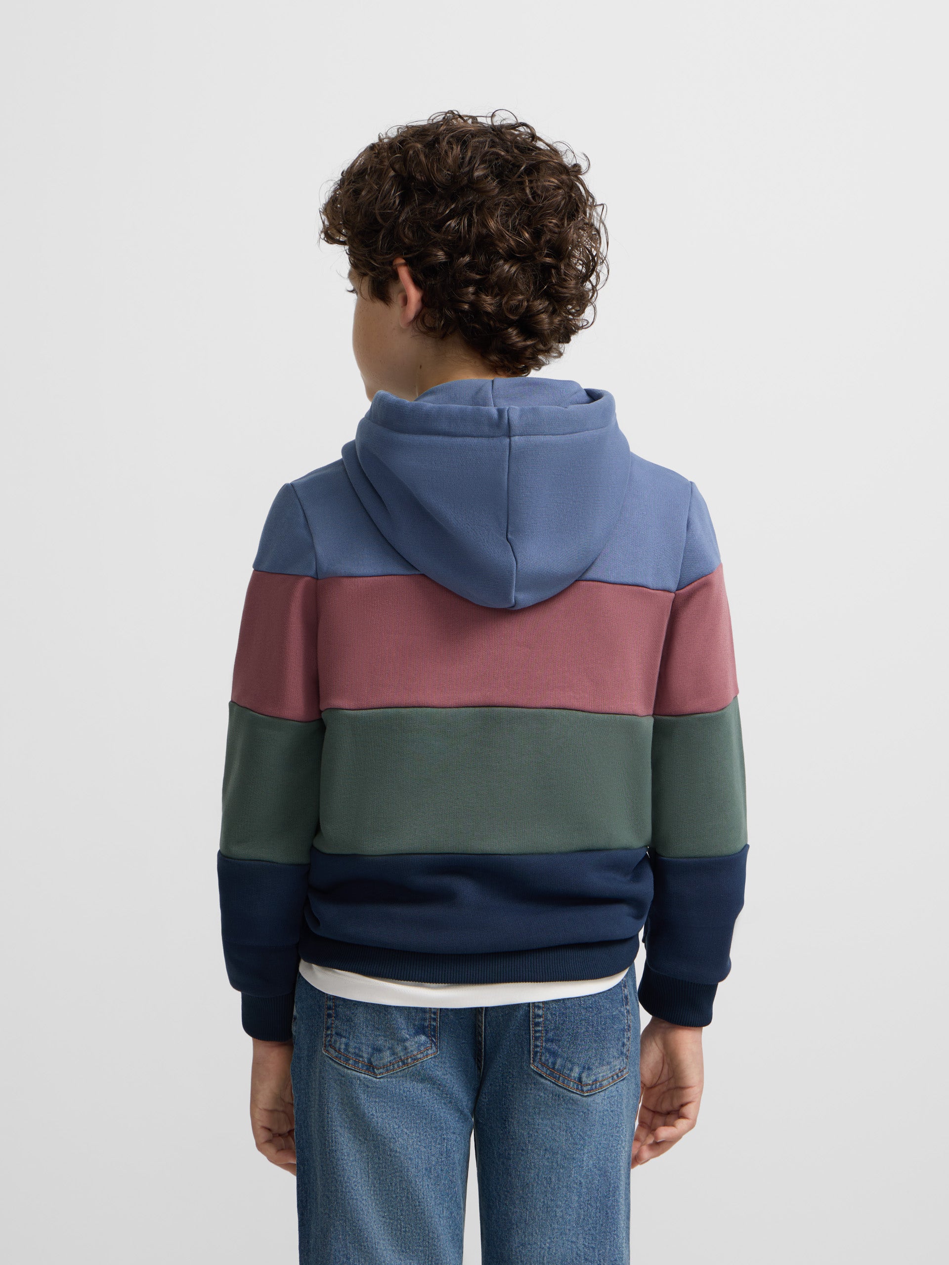 Kids hooded sweatshirt with wide multicolored burgundy stripes