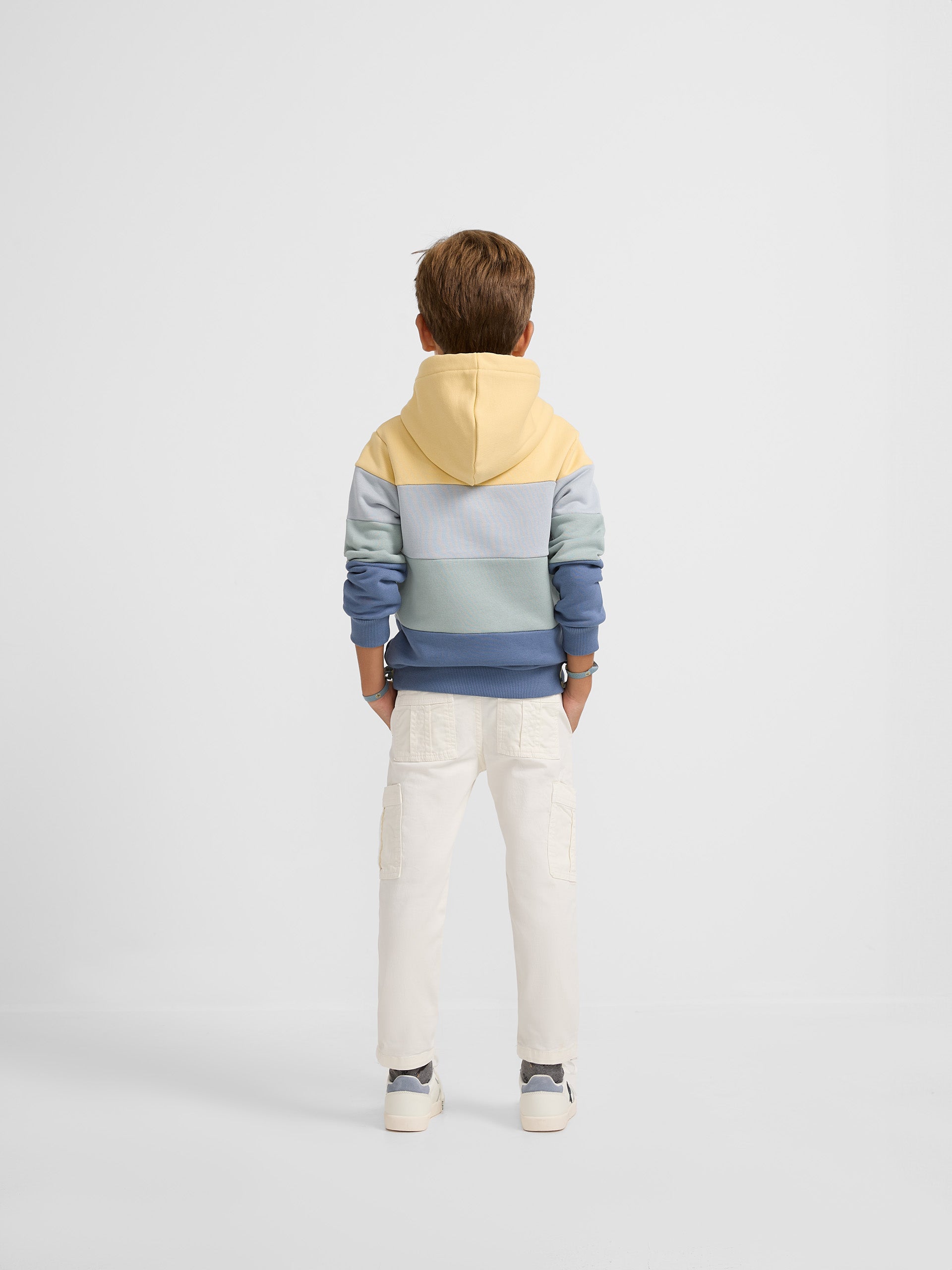 Kids hooded sweatshirt with wide multicolored stripes in blue