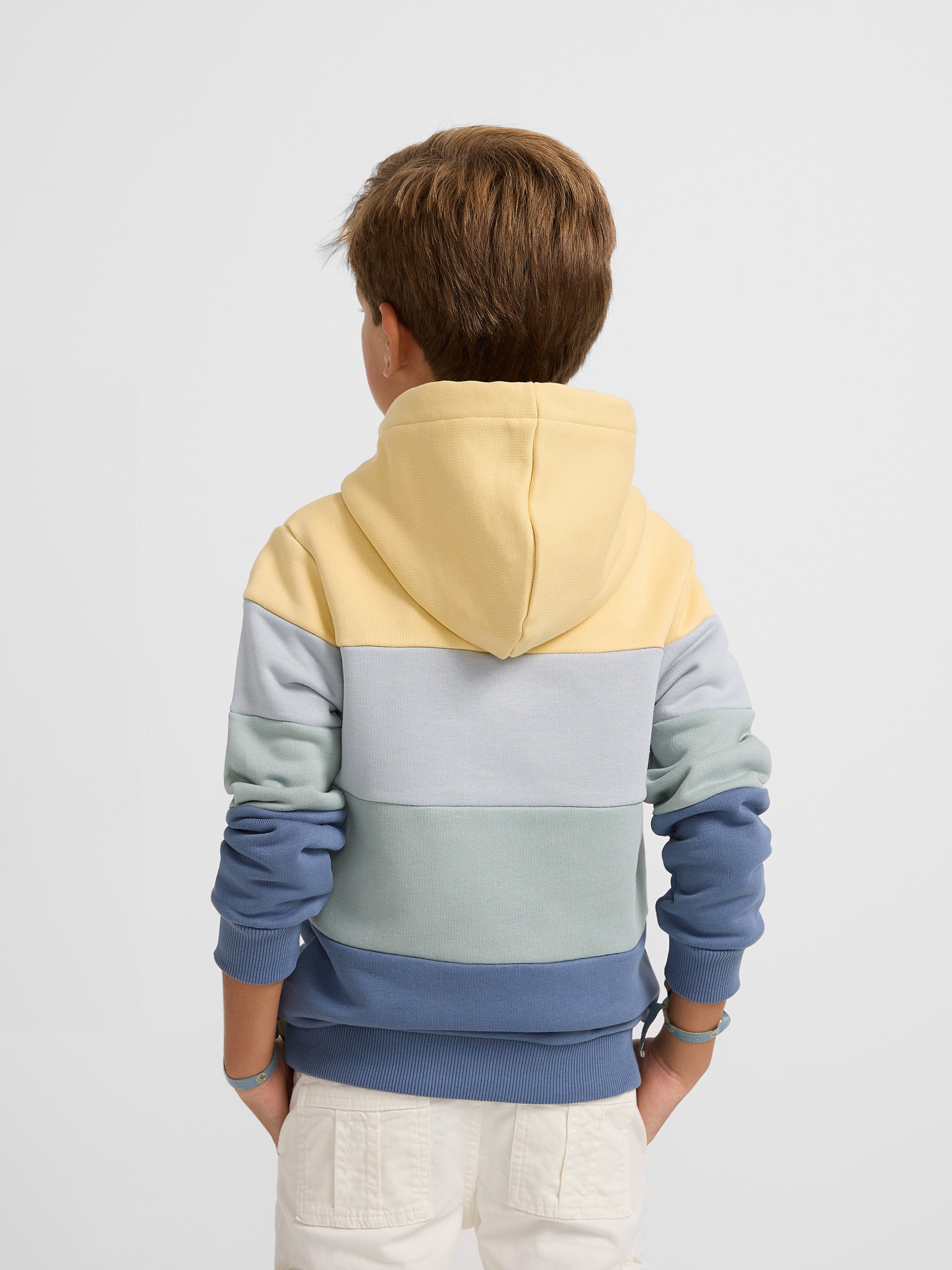 Kids hooded sweatshirt with wide multicolored stripes in blue