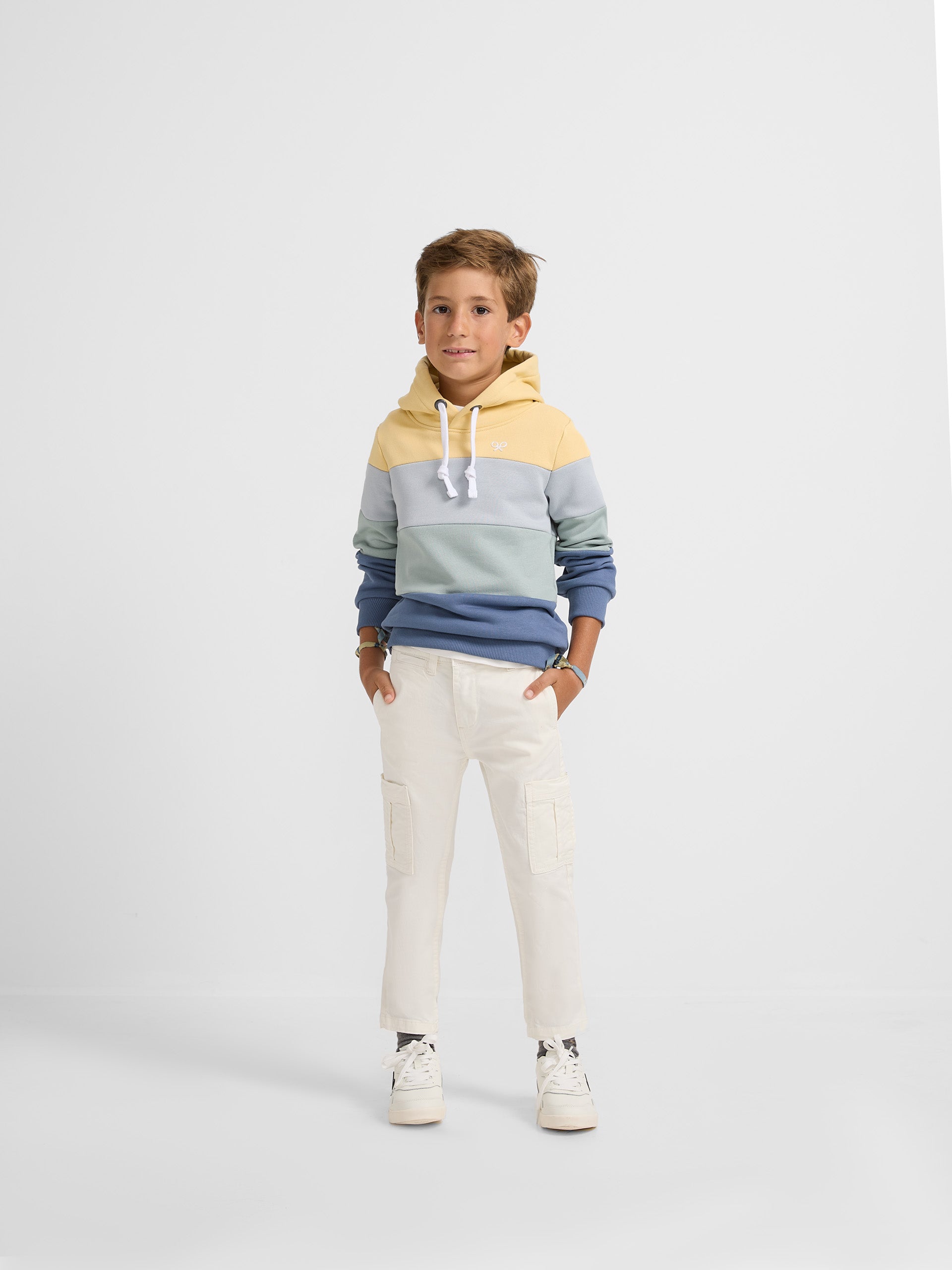 Kids hooded sweatshirt with wide multicolored stripes in blue