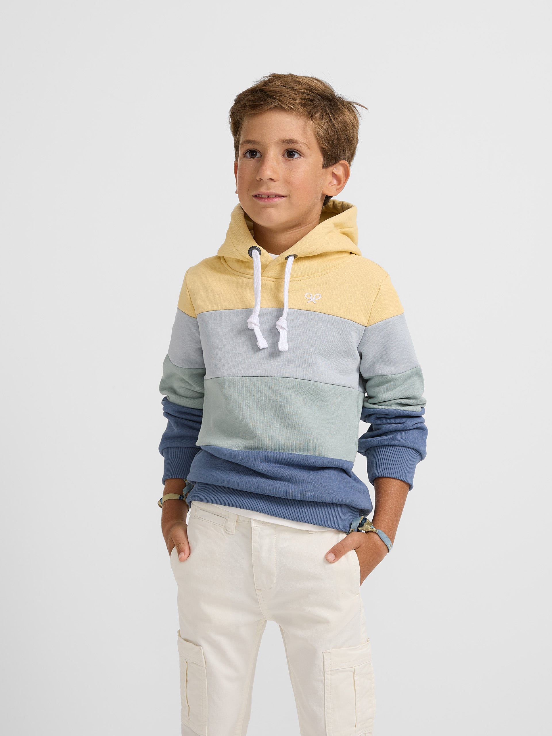 Kids hooded sweatshirt with wide multicolored stripes in blue