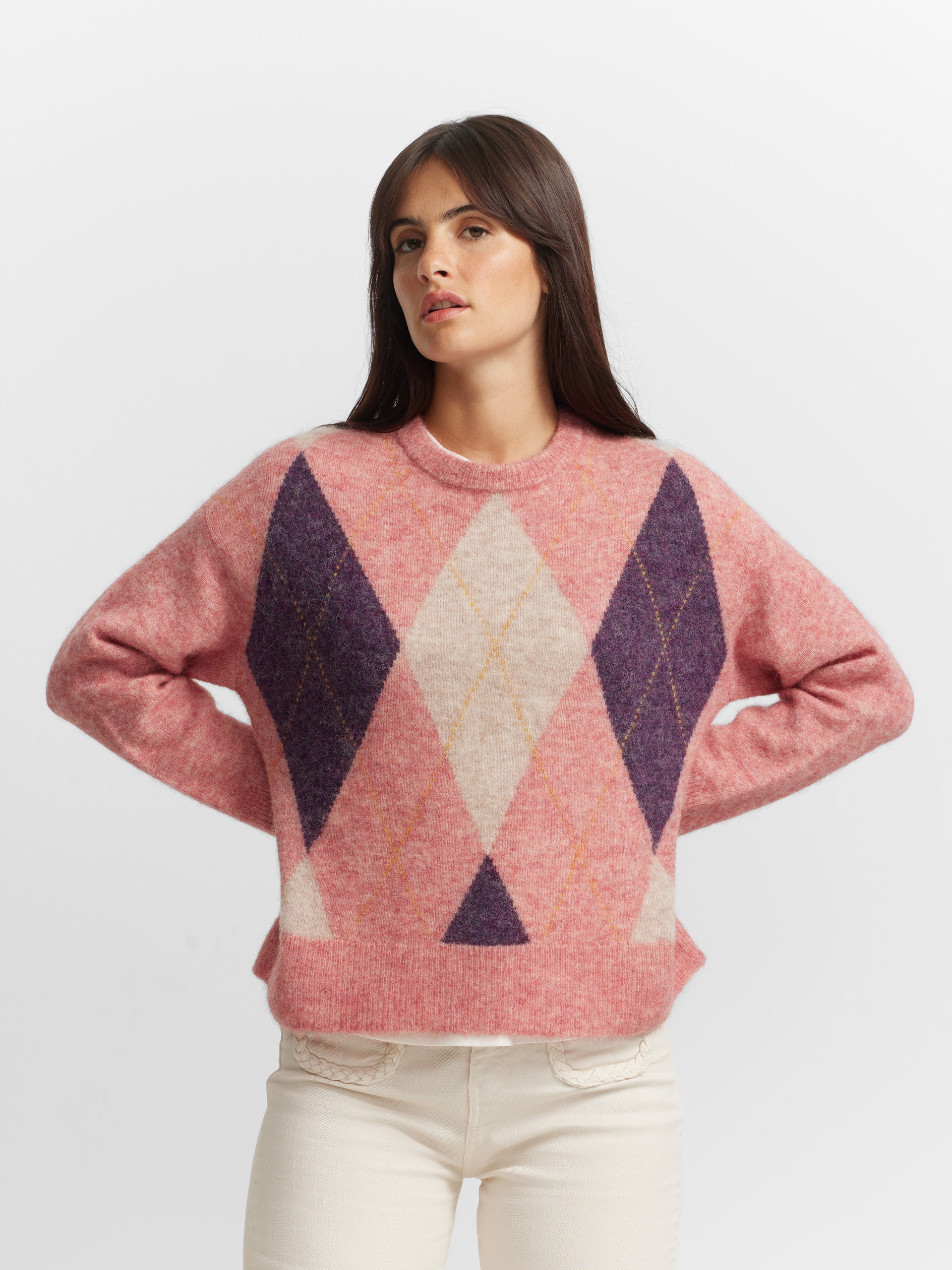 Pull maille losange rose