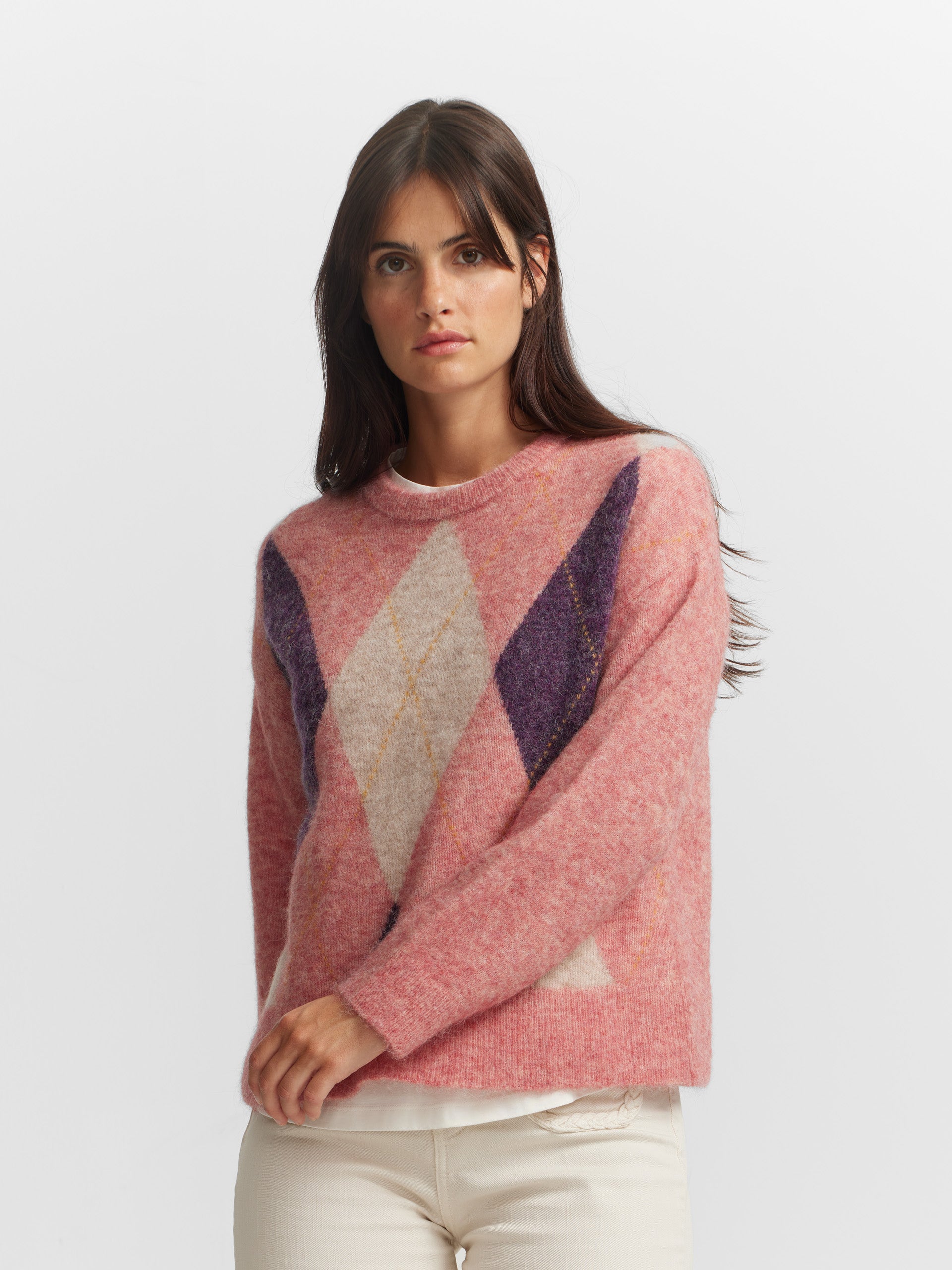 Pull maille losange rose