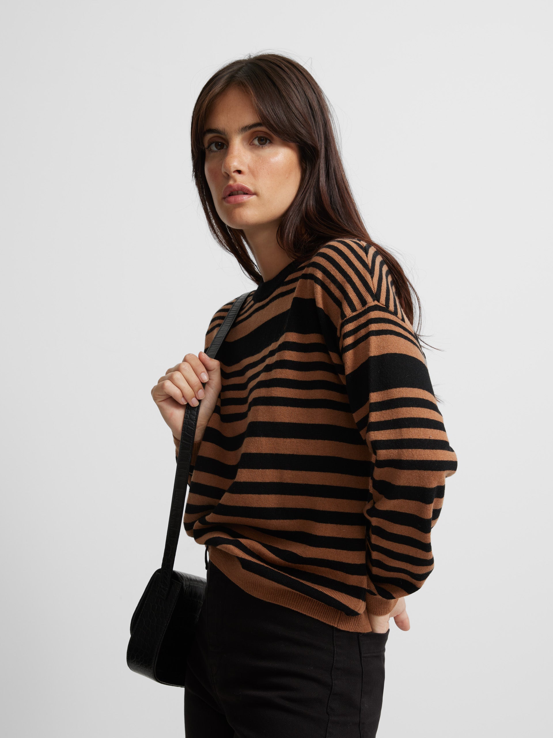 Black and camel striped knit sweater