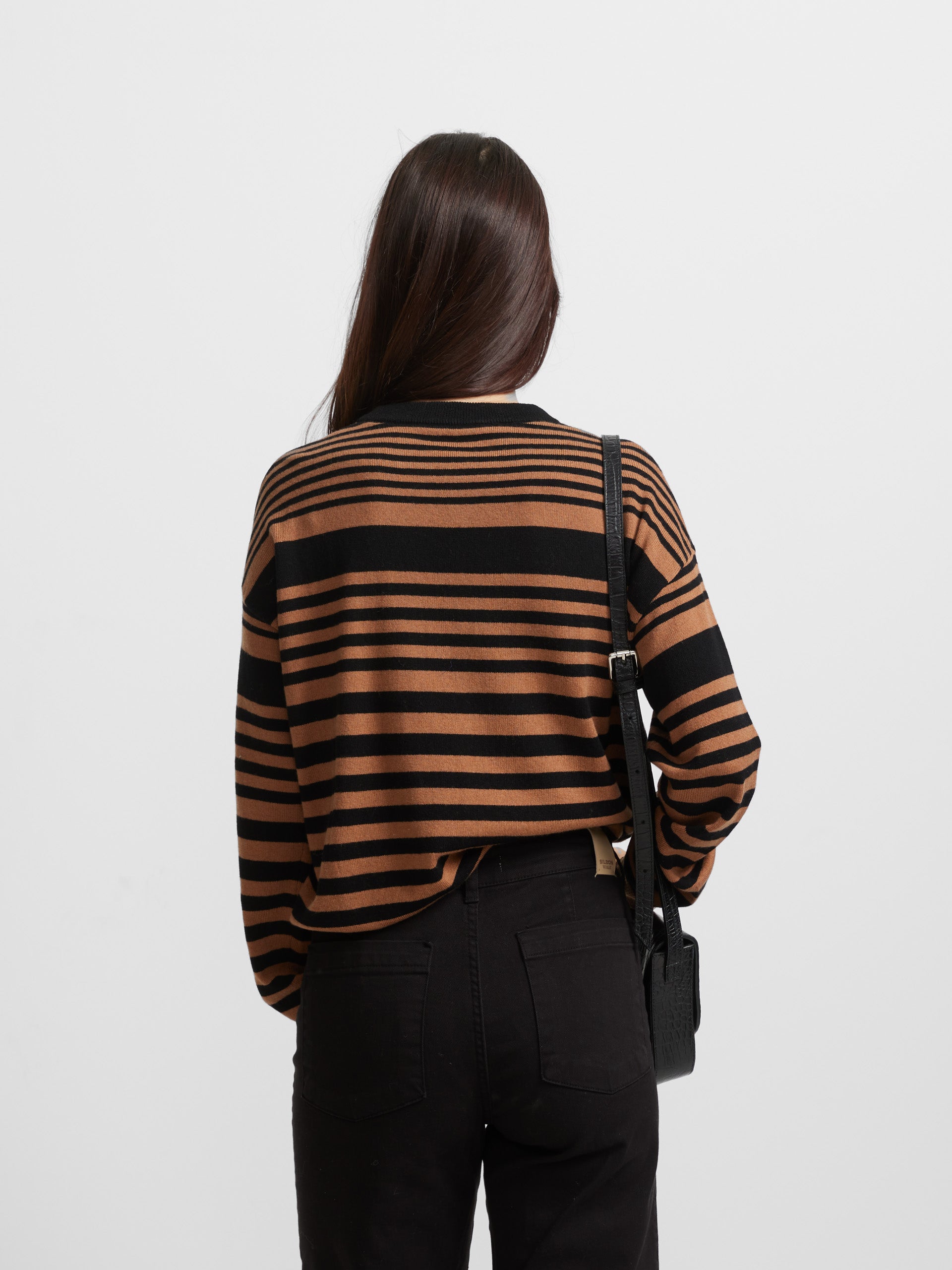 Black and camel striped knit sweater