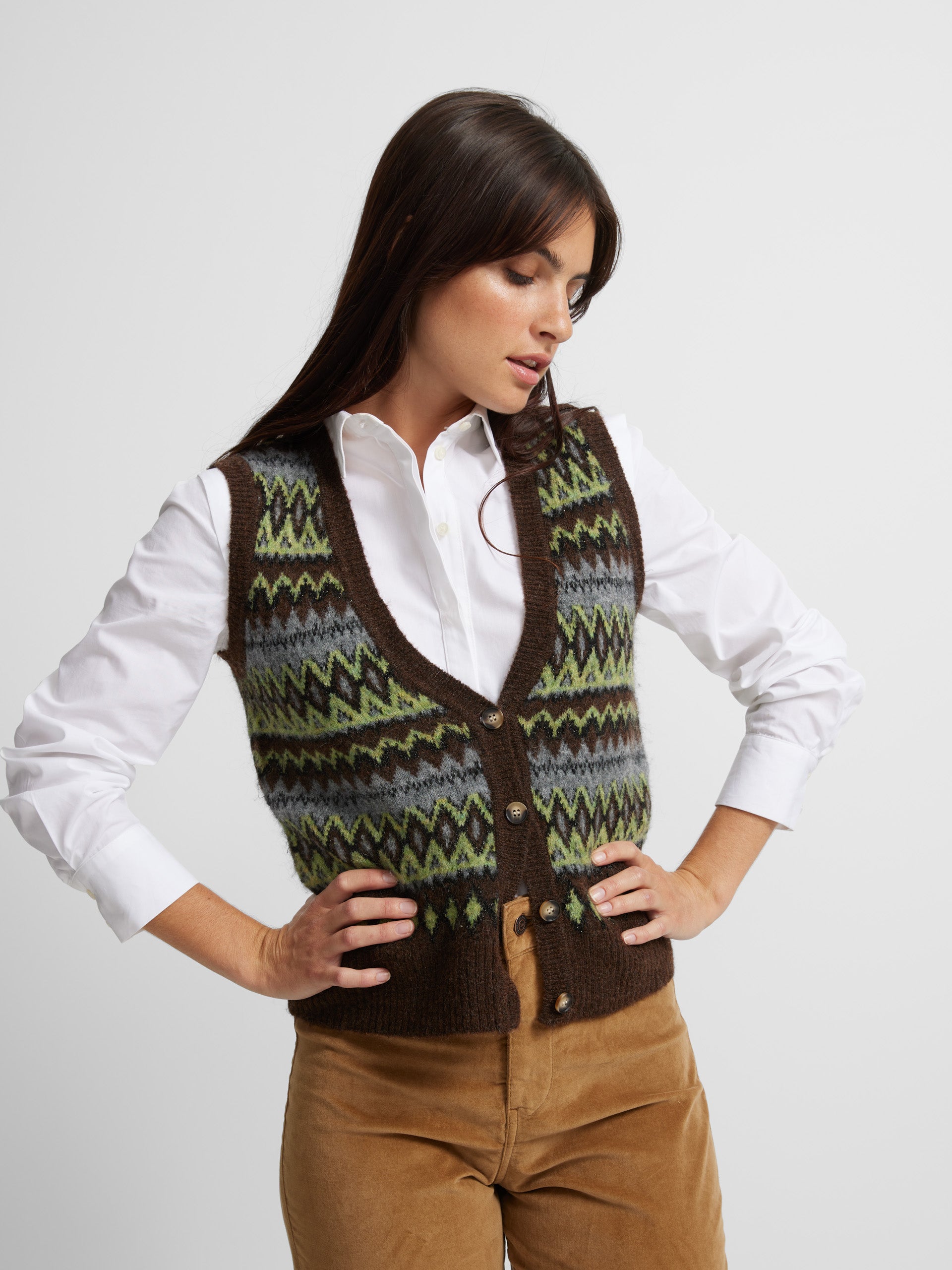 Brown jacquard knit vest