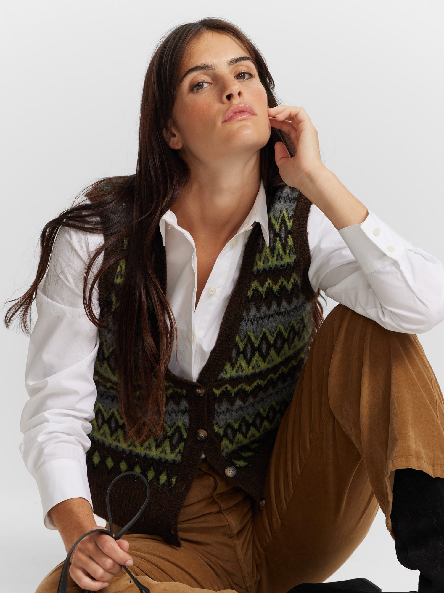 Brown jacquard knit vest