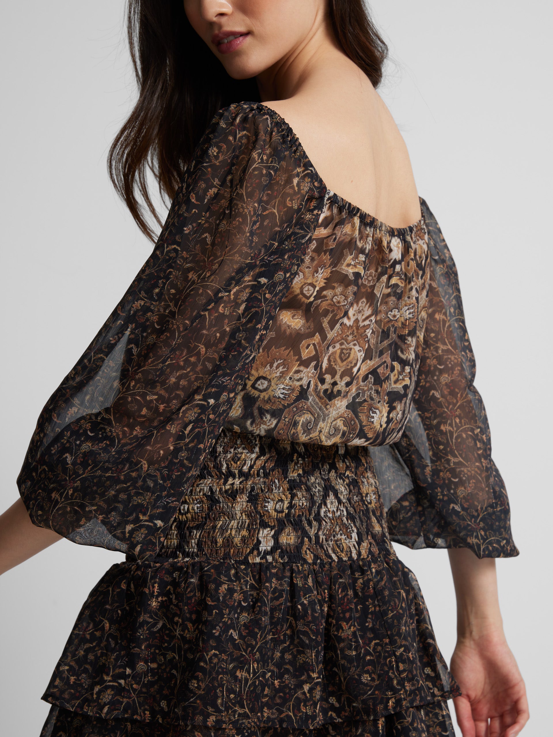 Brown printed gathered mini dress