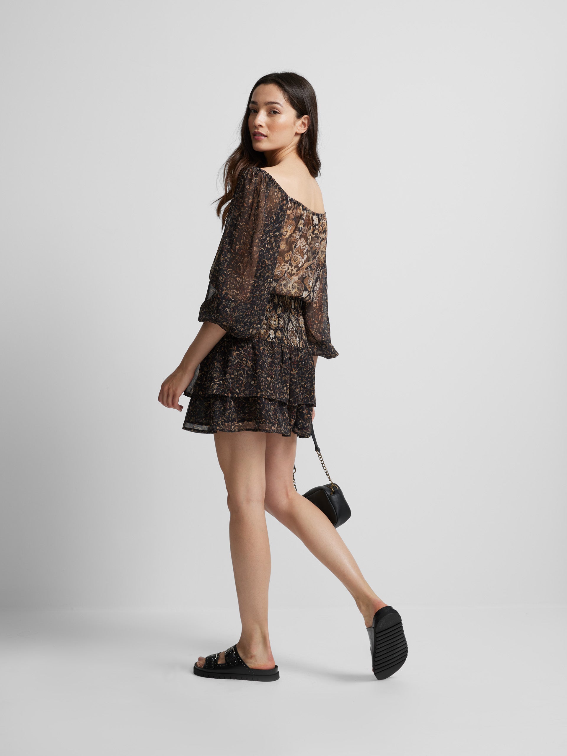 Brown printed gathered mini dress