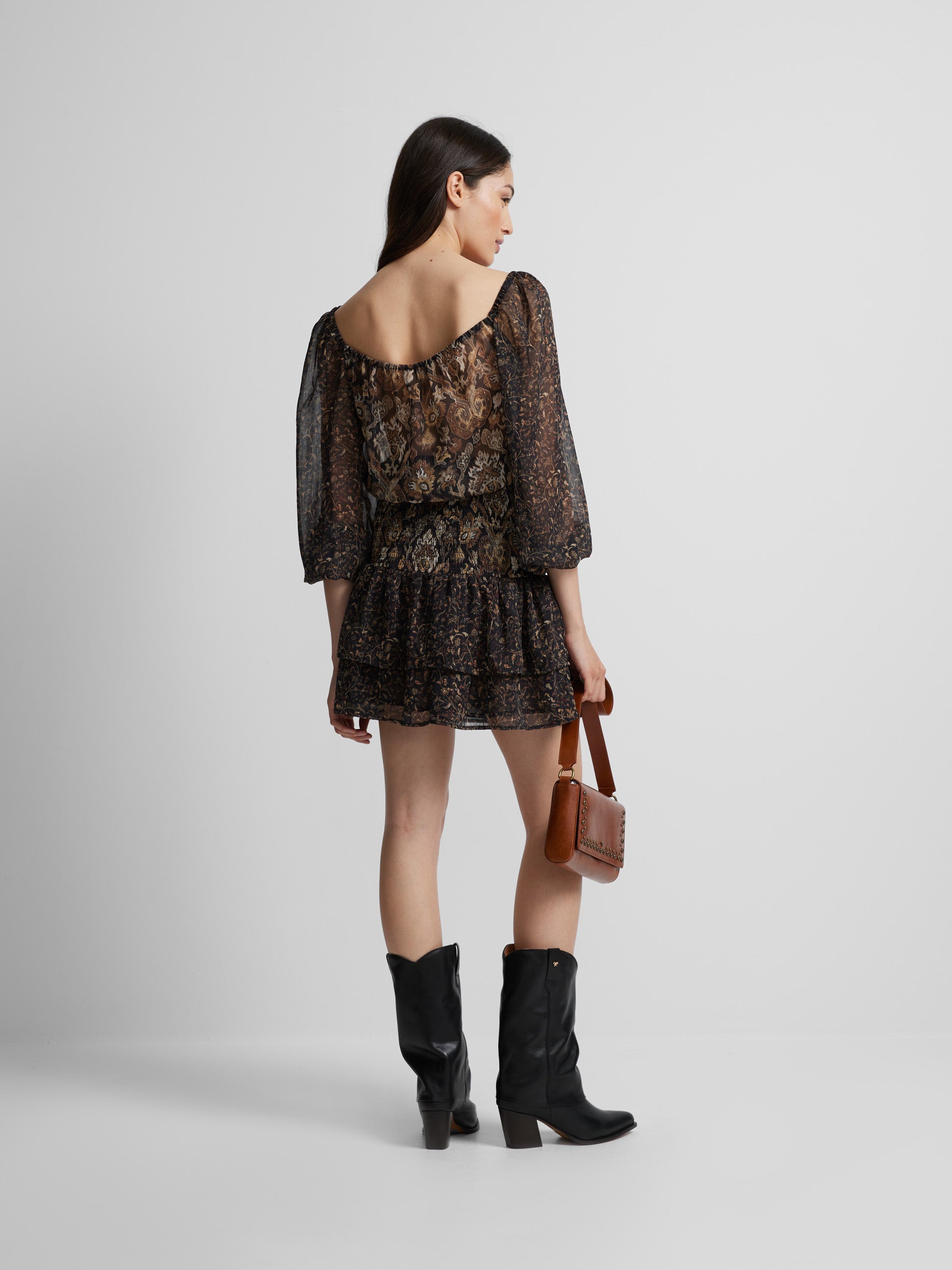 Brown printed gathered mini dress