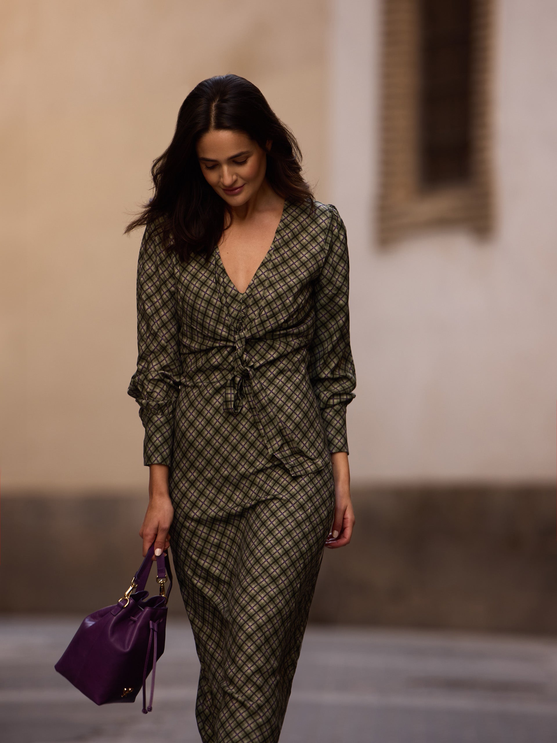 Robe midi imprimé carreaux vert et violet