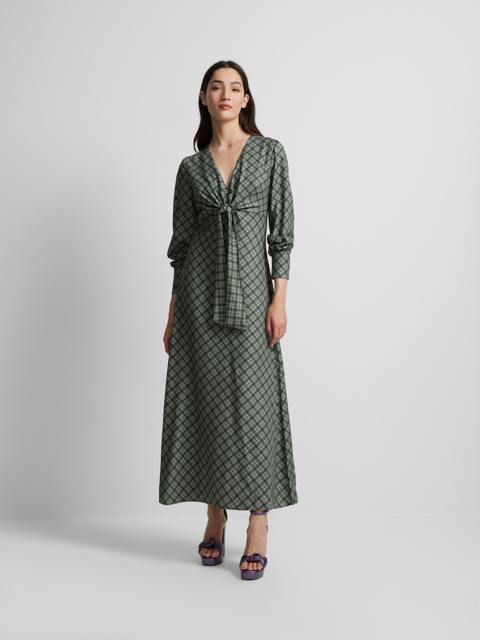 Robe midi imprimé carreaux vert et violet