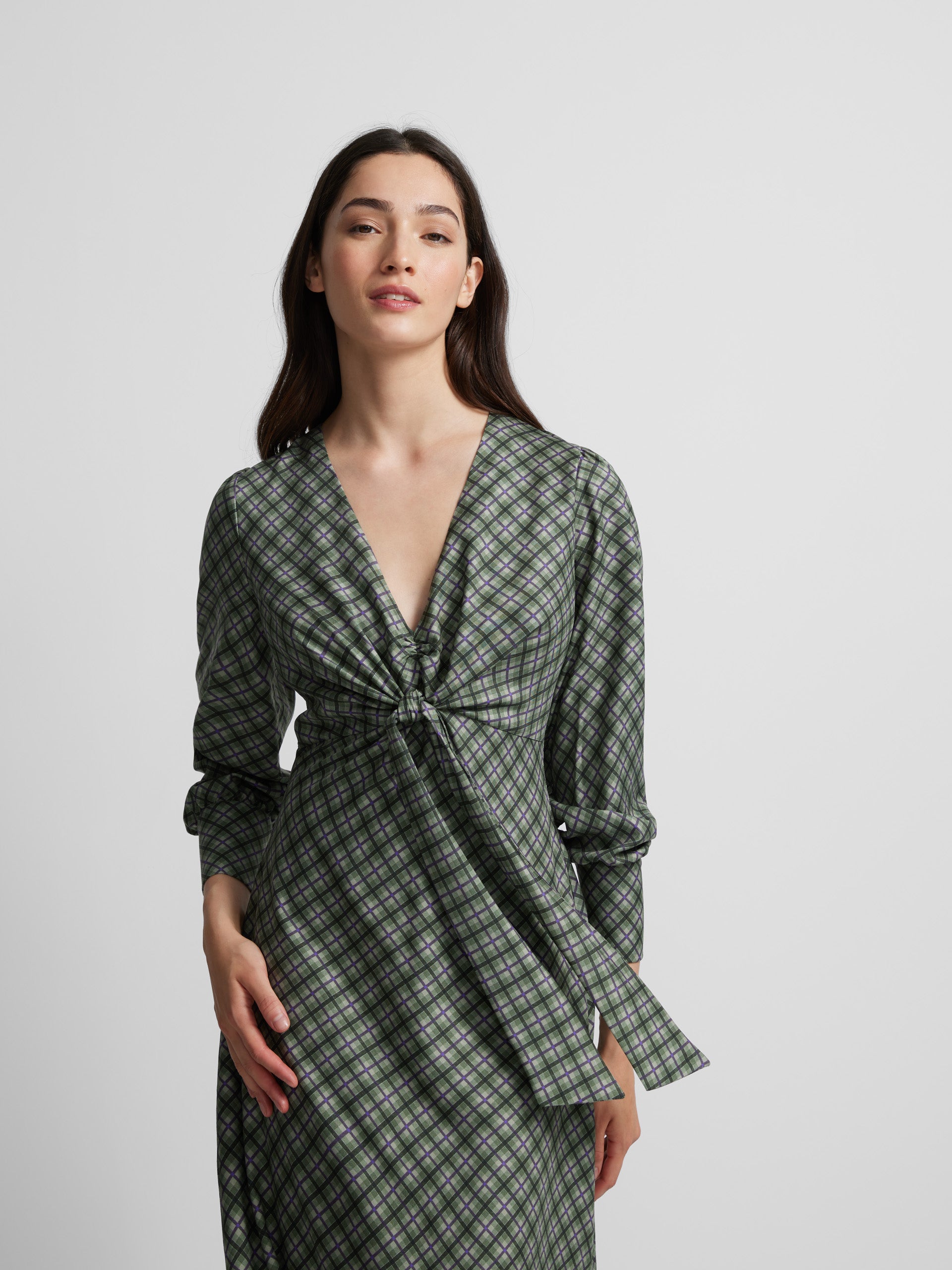 Robe midi imprimé carreaux vert et violet