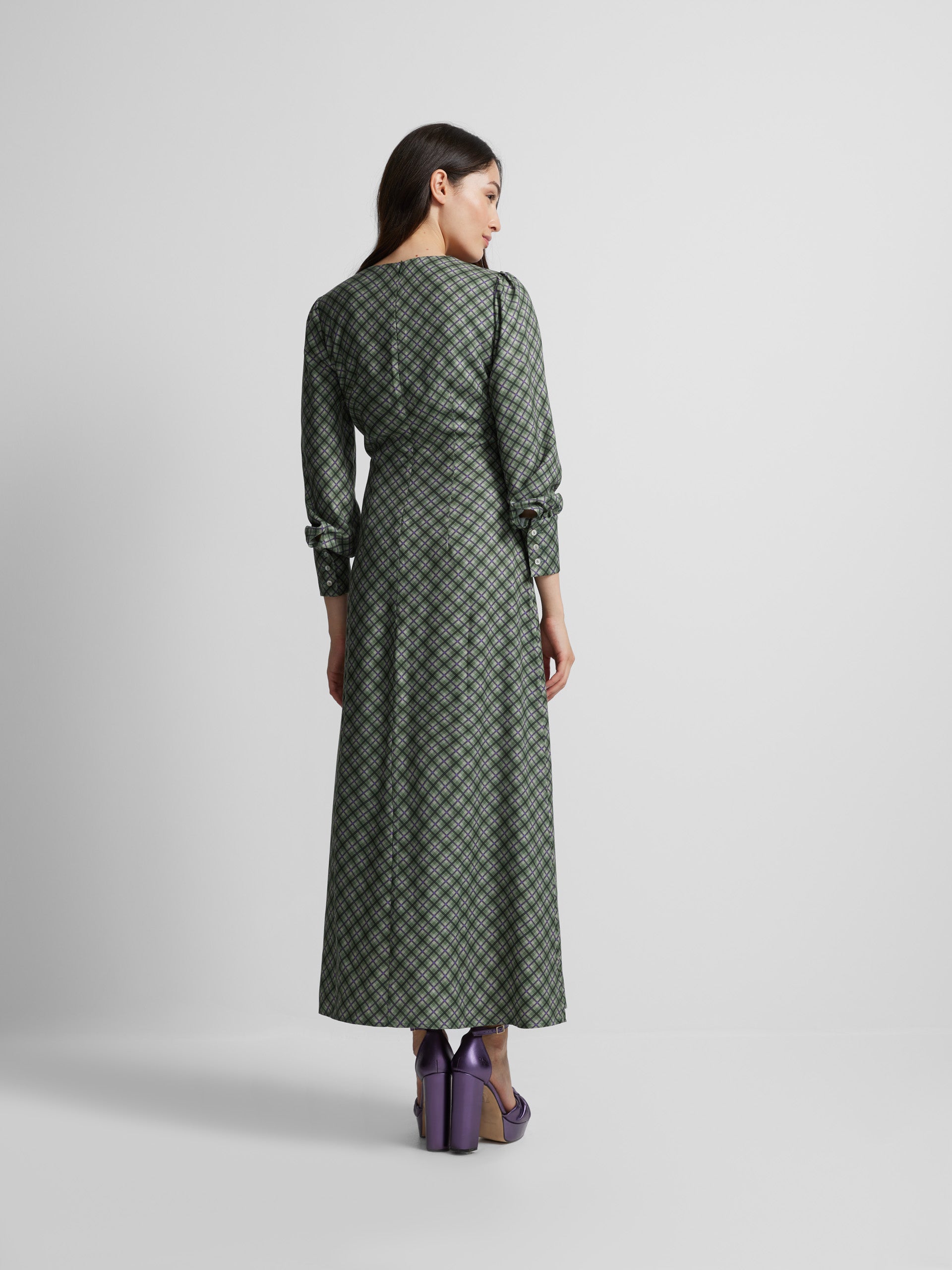 Robe midi imprimé carreaux vert et violet