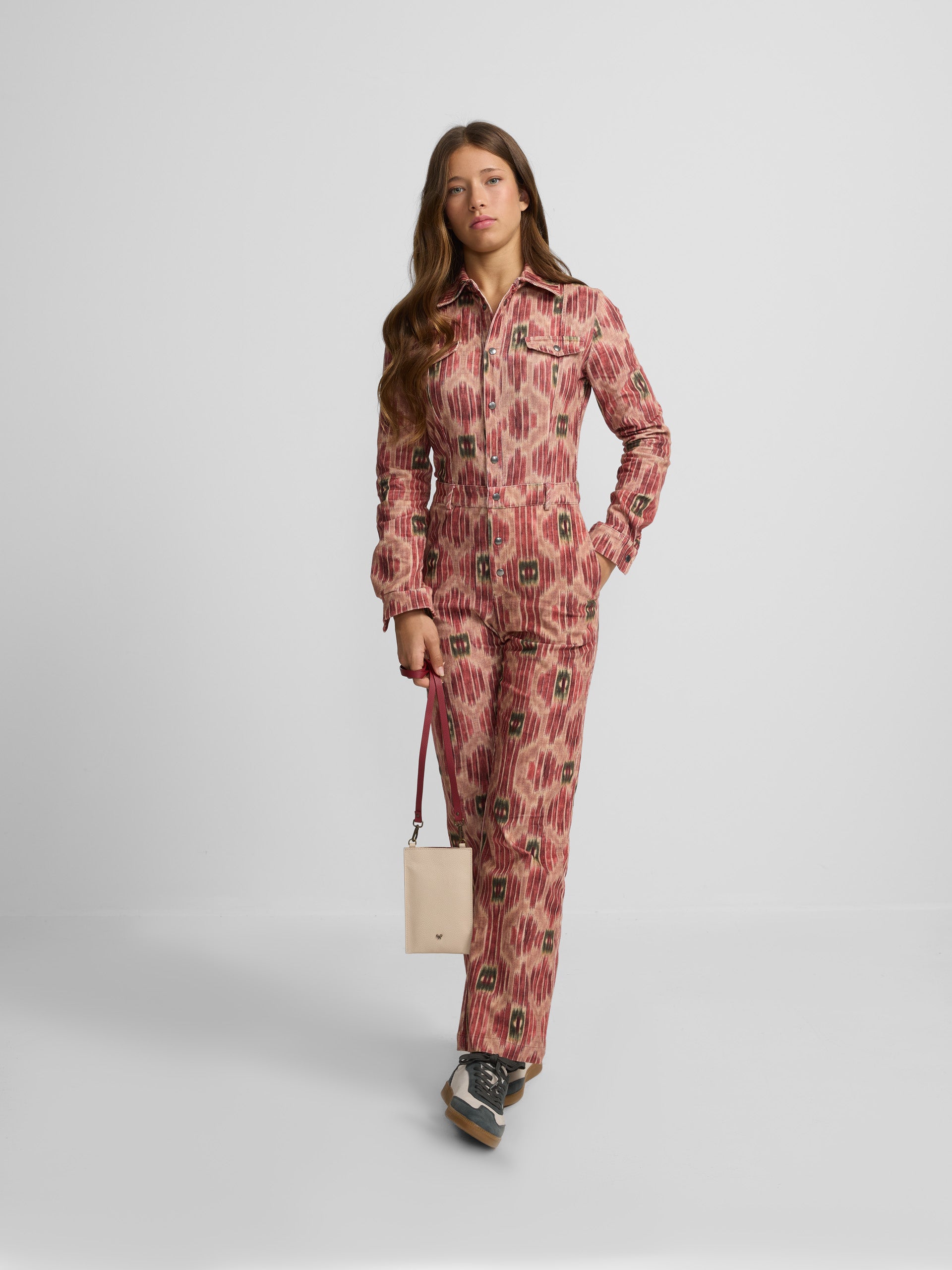 Pink printed corduroy jumpsuit