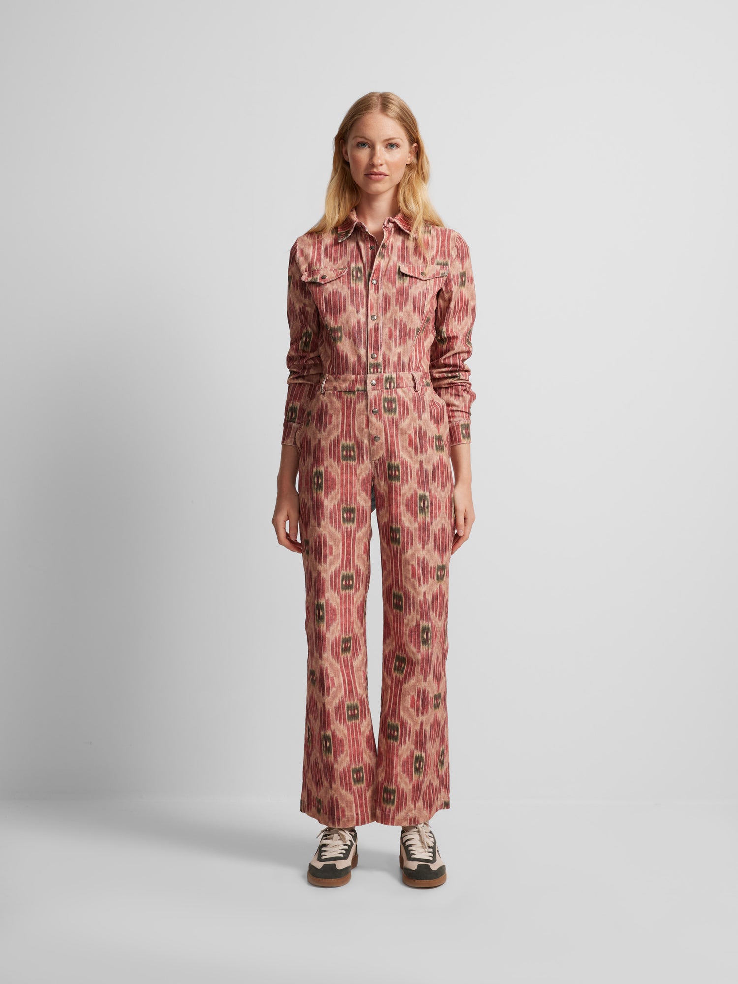 Pink printed corduroy jumpsuit