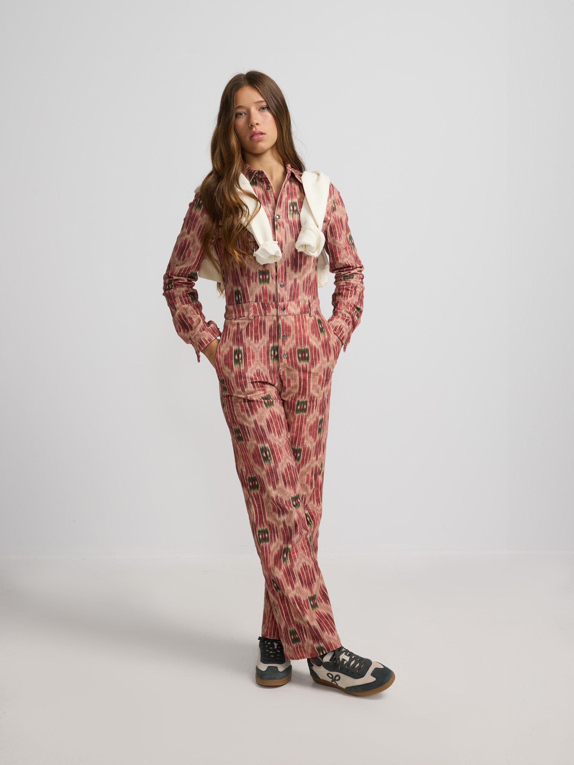 Pink printed corduroy jumpsuit