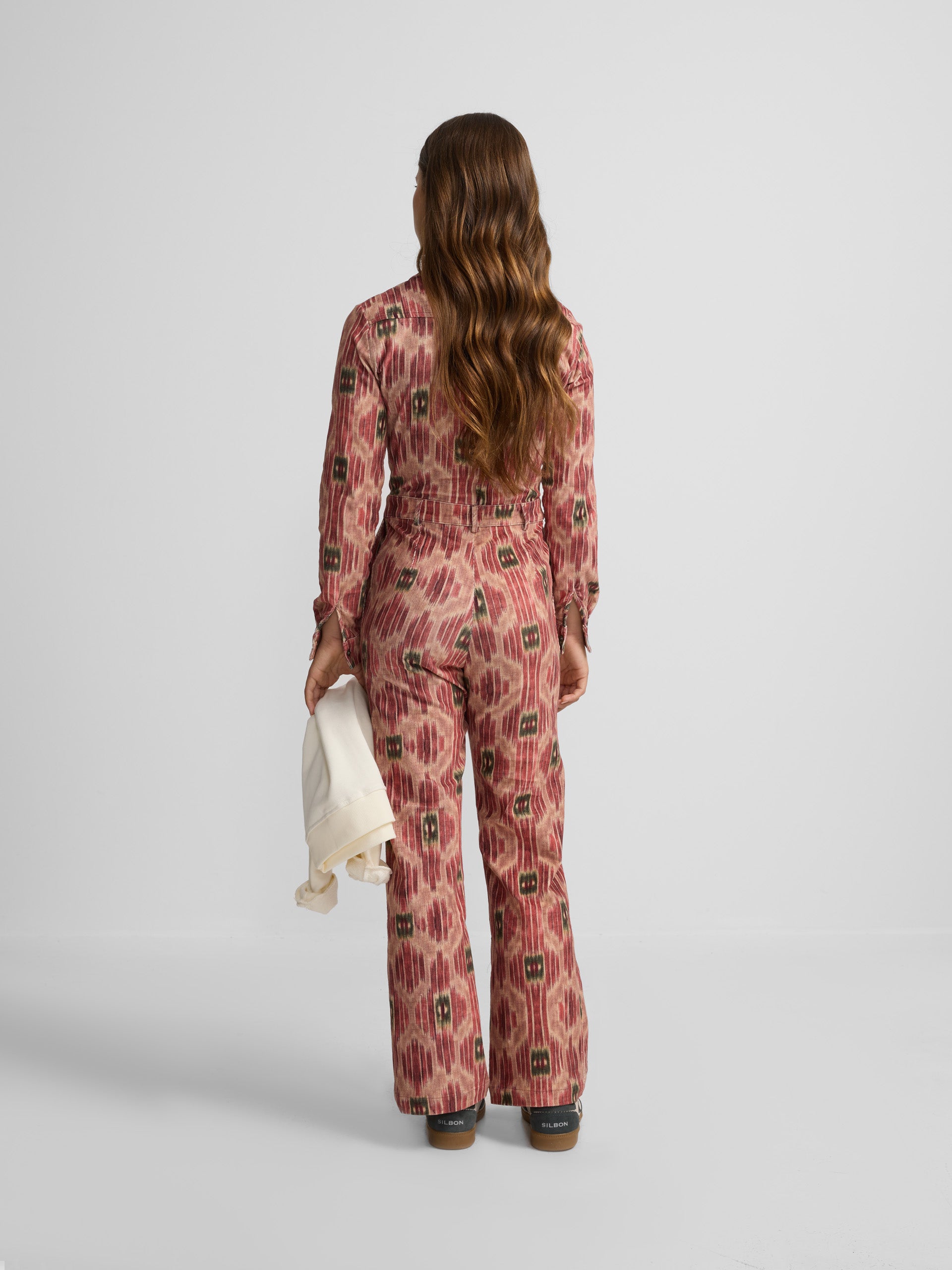 Pink printed corduroy jumpsuit