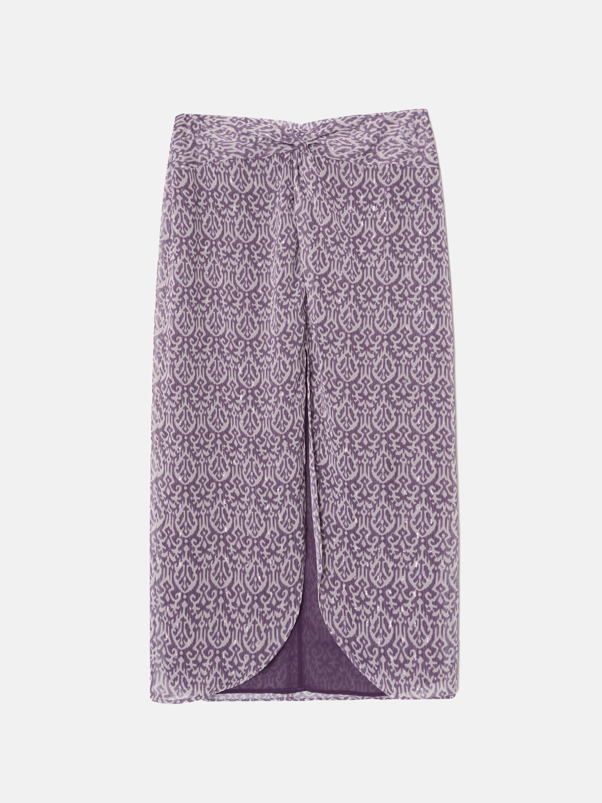 Jupe midi violette imprimé ikat avec ouverture