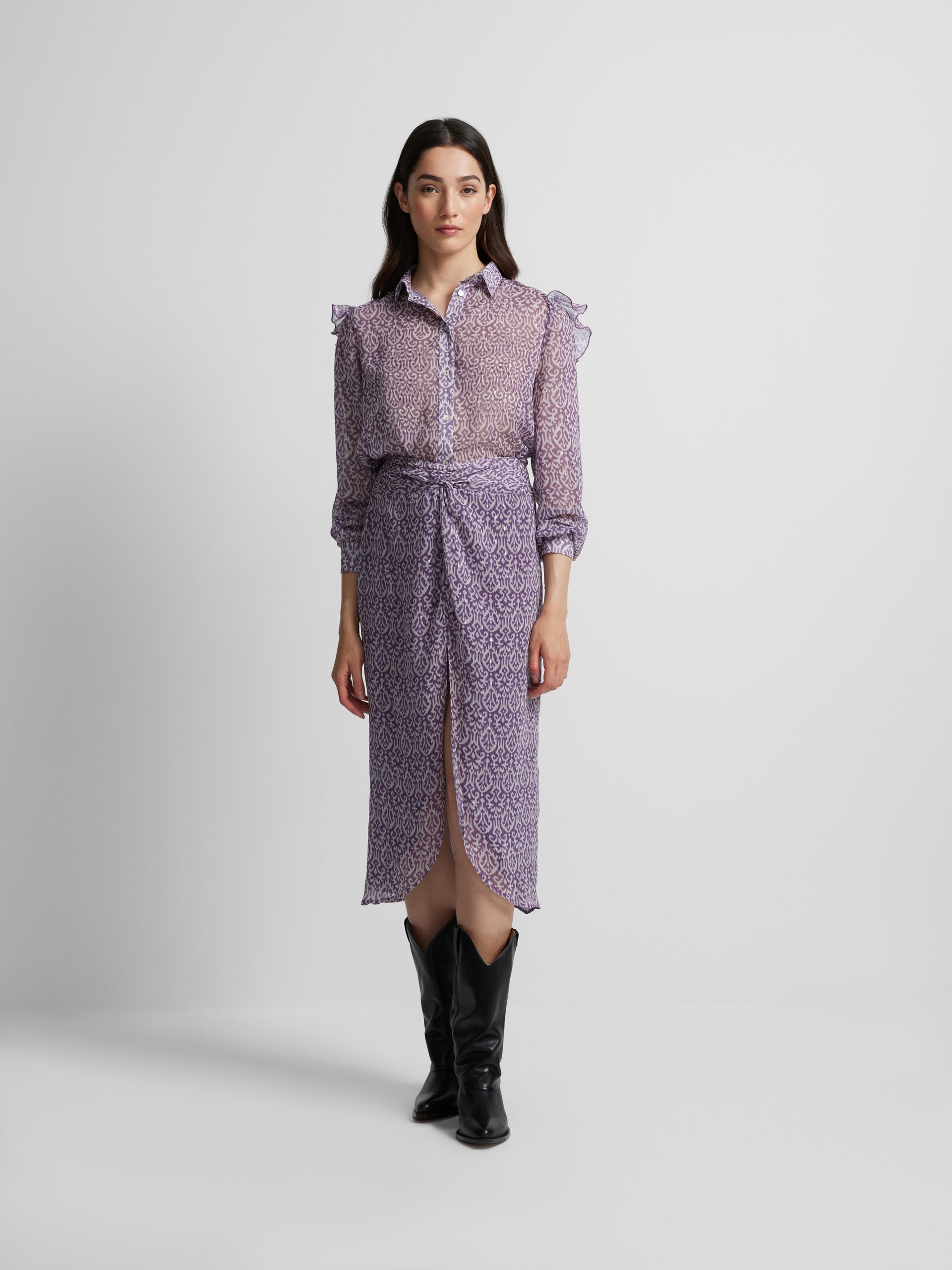 Purple ikat print ruffle shirt