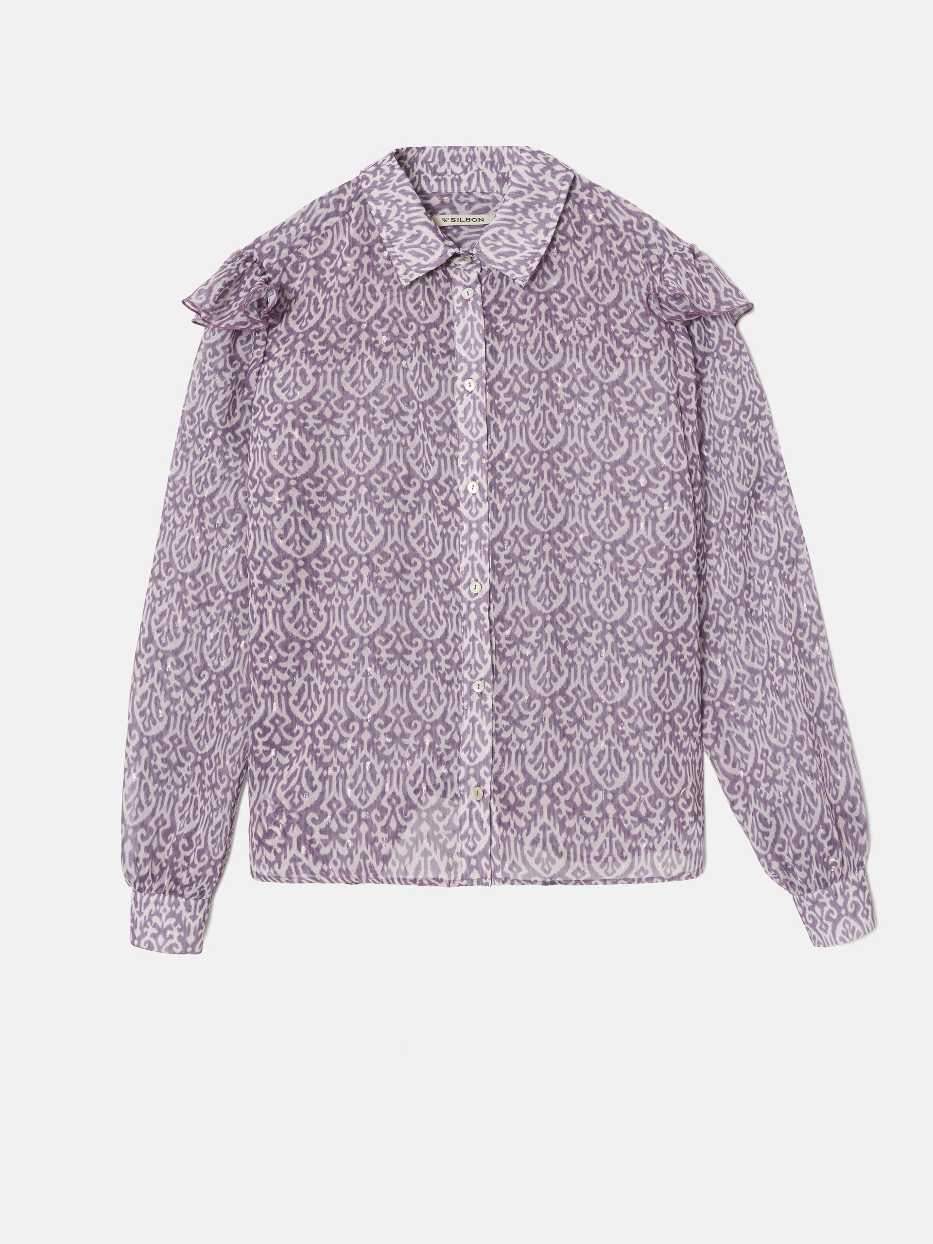 Purple ikat print ruffle shirt