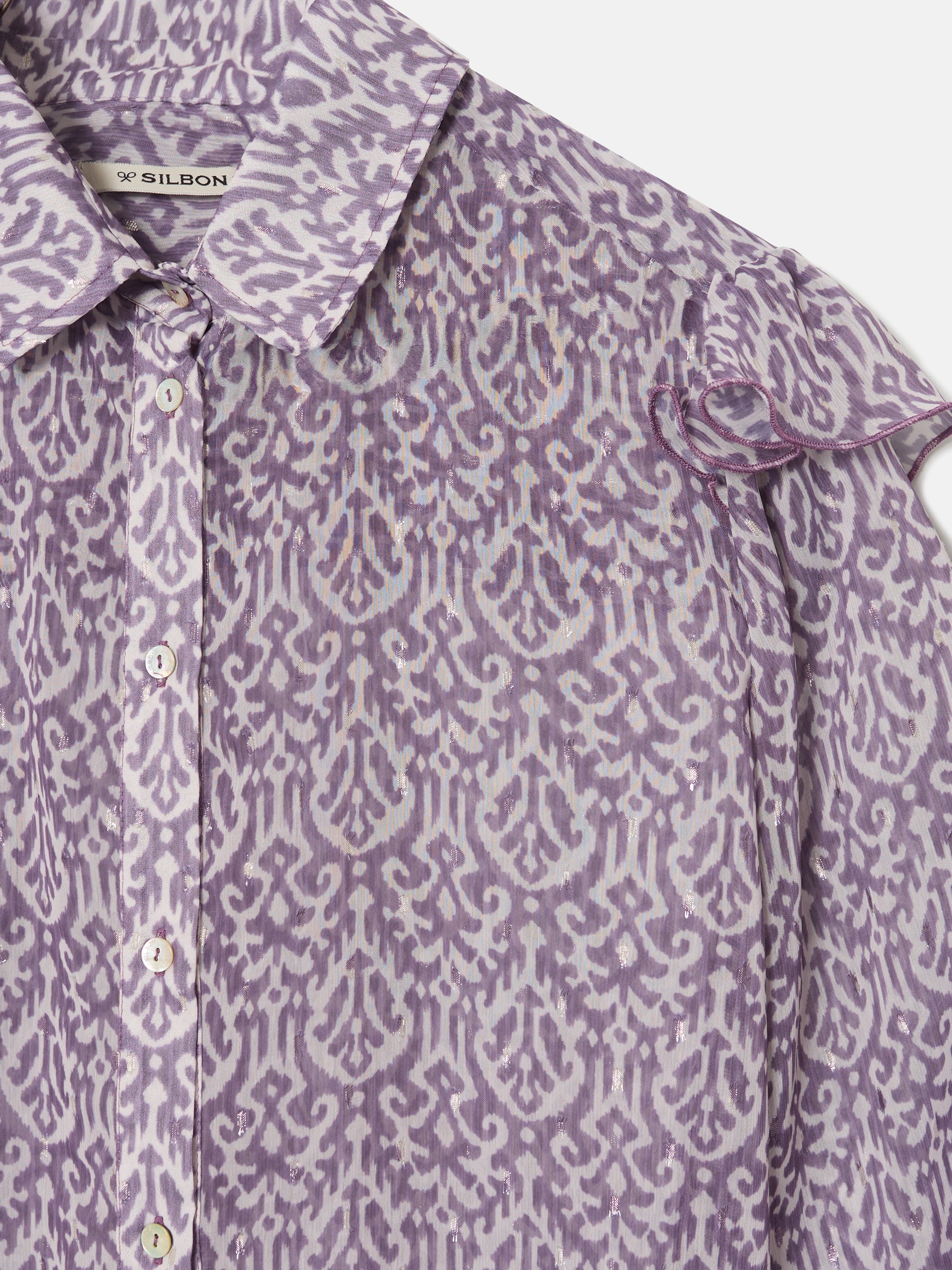 Purple ikat print ruffle shirt