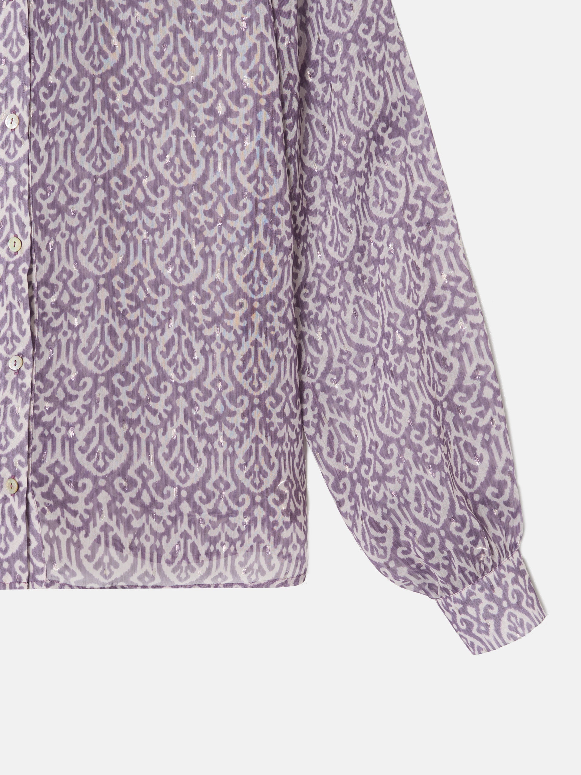 Purple ikat print ruffle shirt