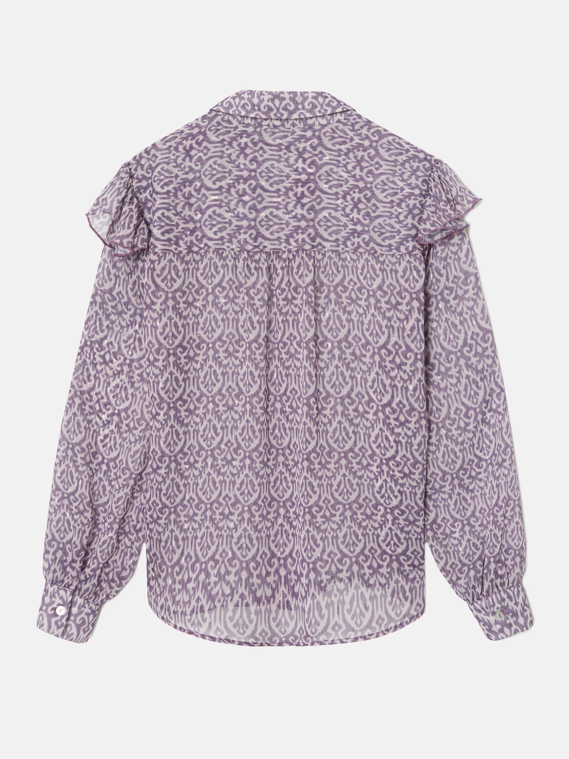 Purple ikat print ruffle shirt