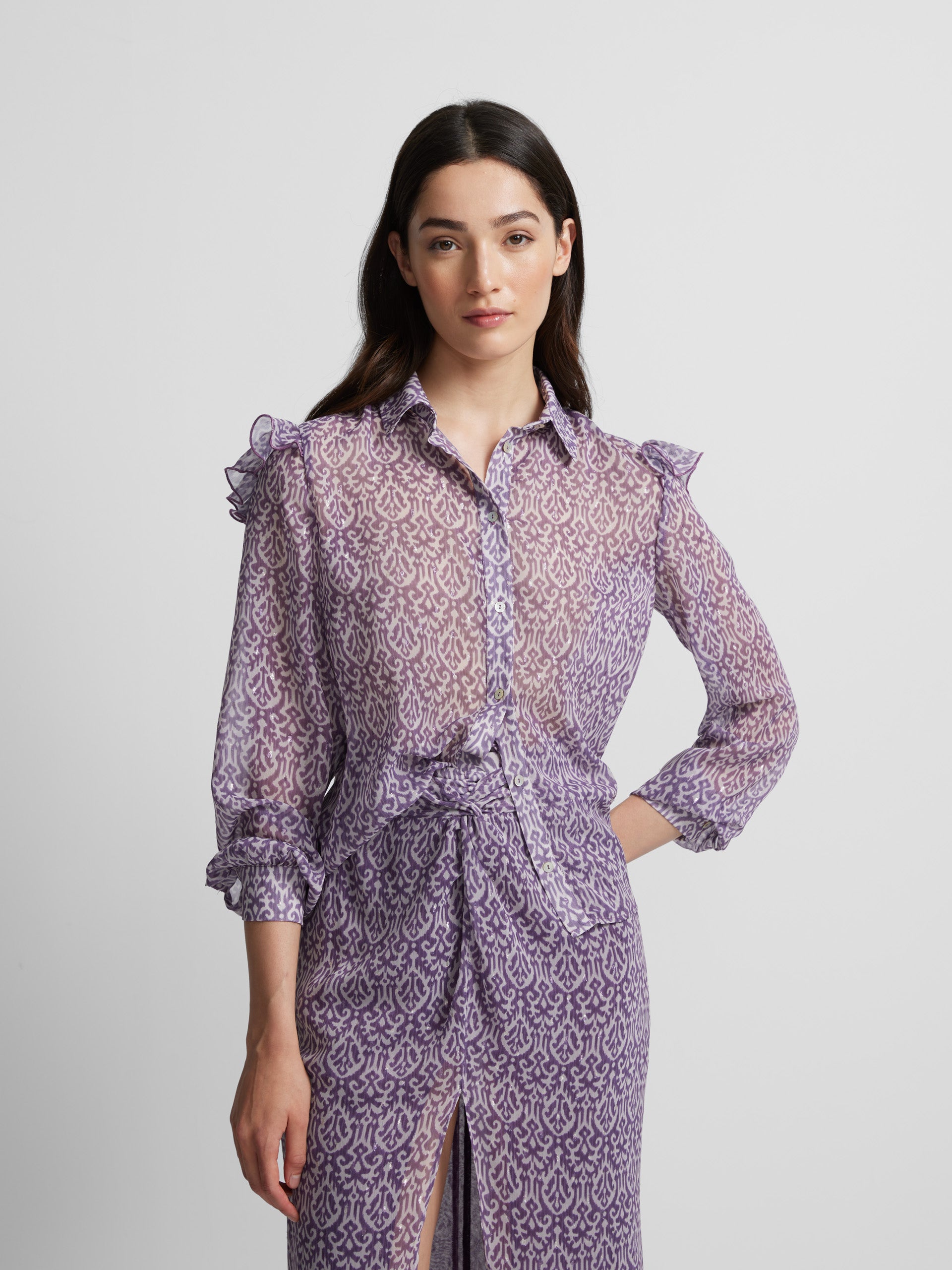 Purple ikat print ruffle shirt