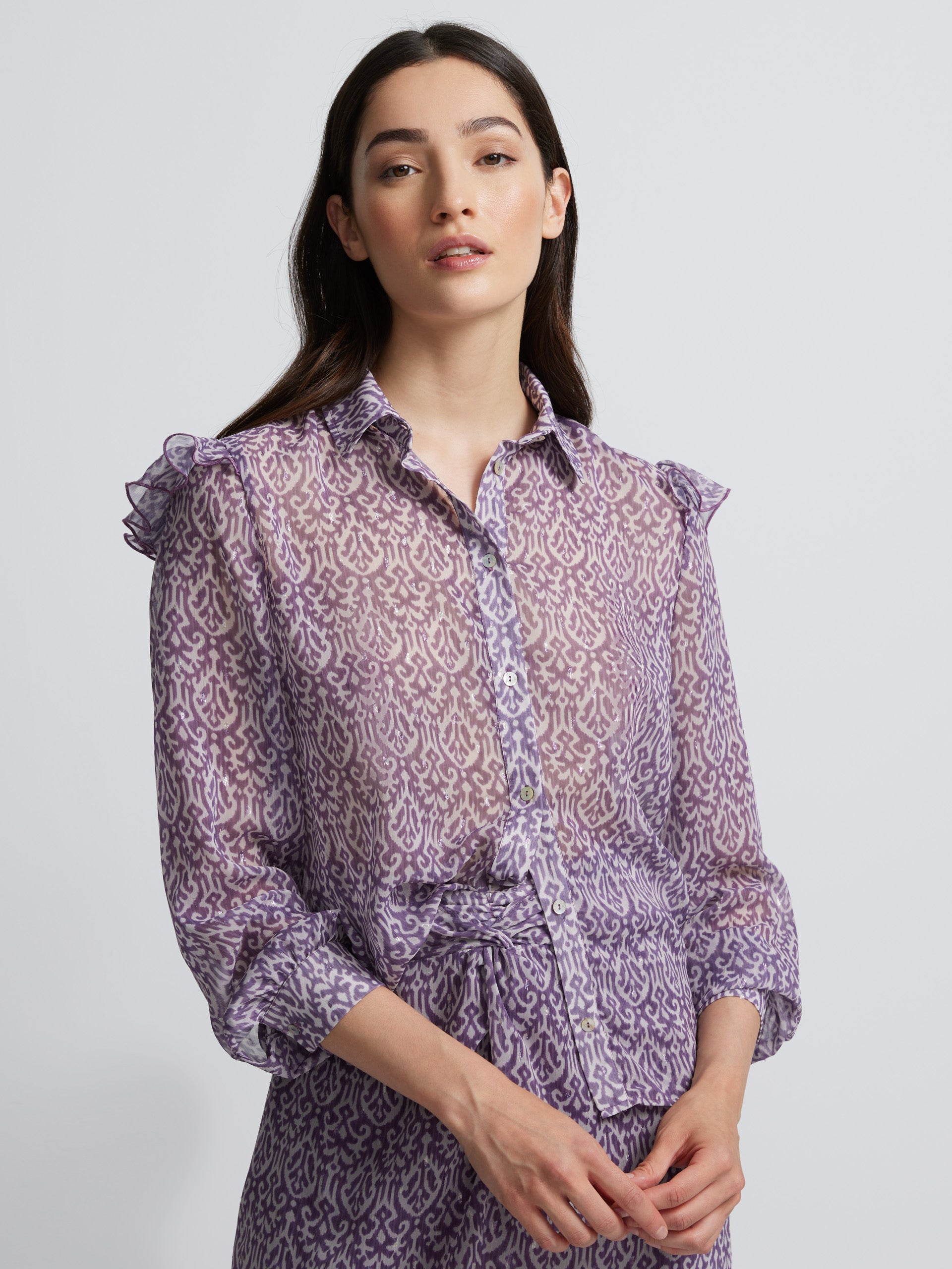 Jupe midi violette imprimé ikat avec ouverture