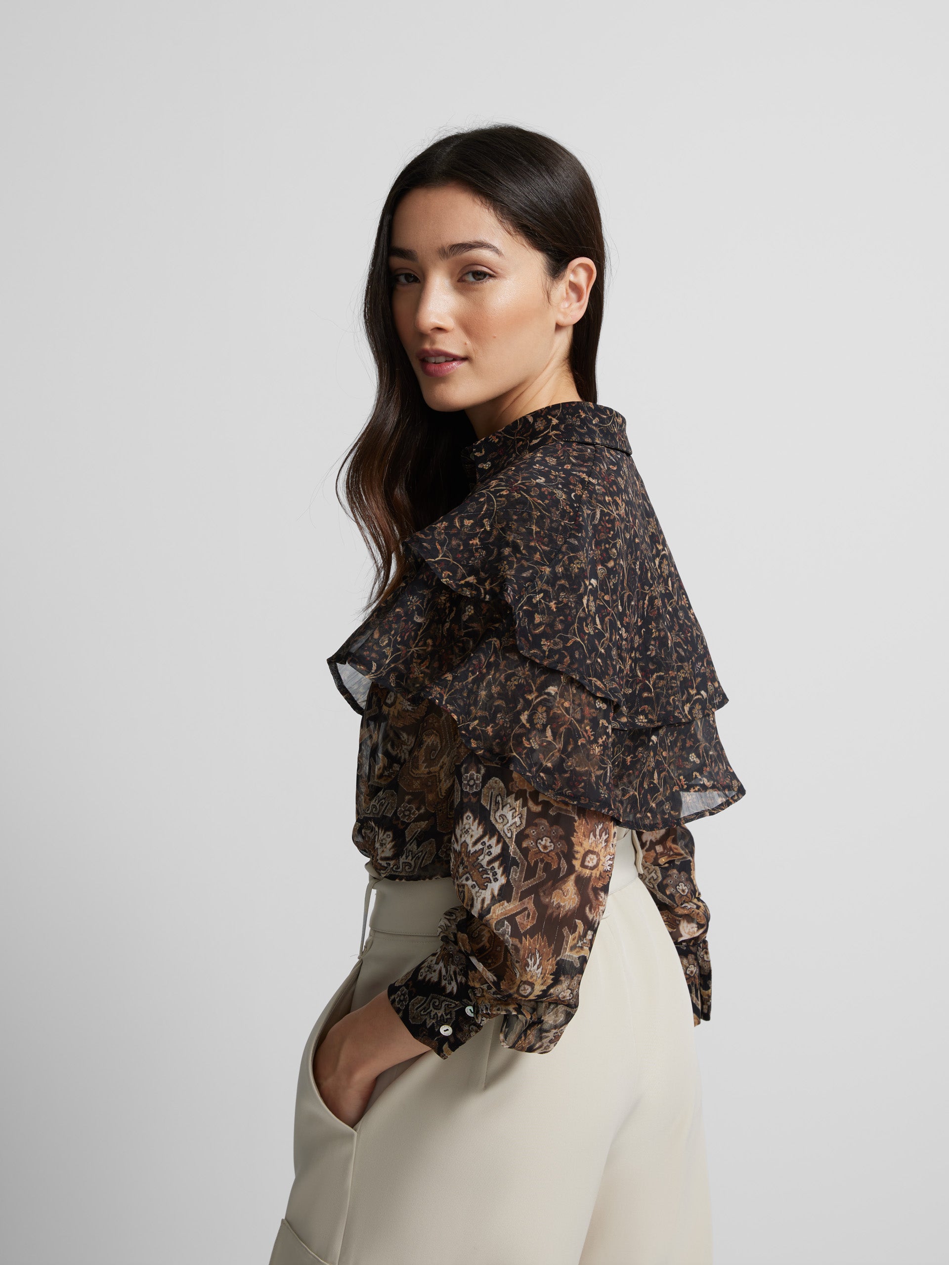 Brown printed ruffle shirt